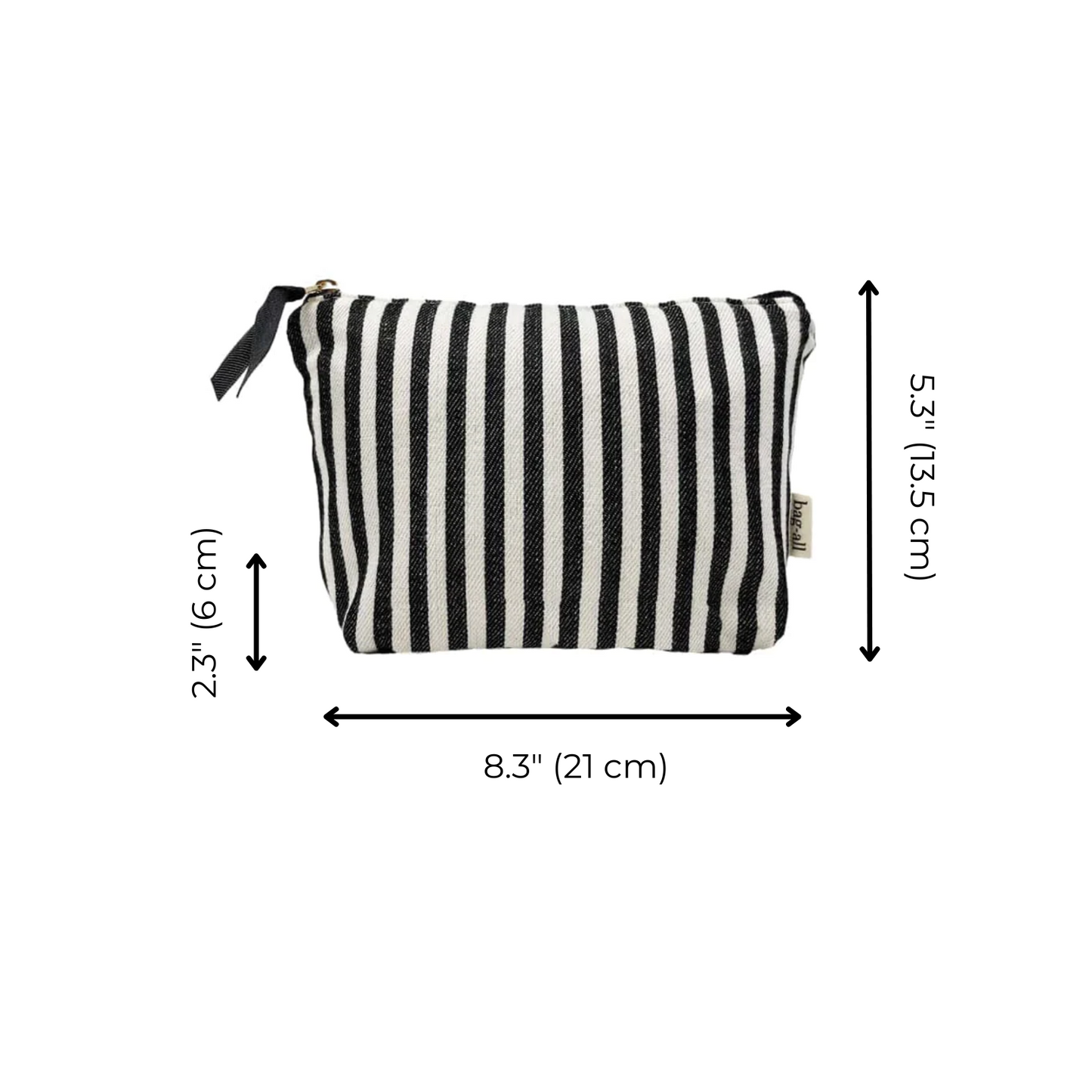 Bag-all Striped Makeup Pouch with pink coated lining, black and white vertical stripes, gold zipper detail, compact size 8.3x5.3 inches, perfect for beauty essentials