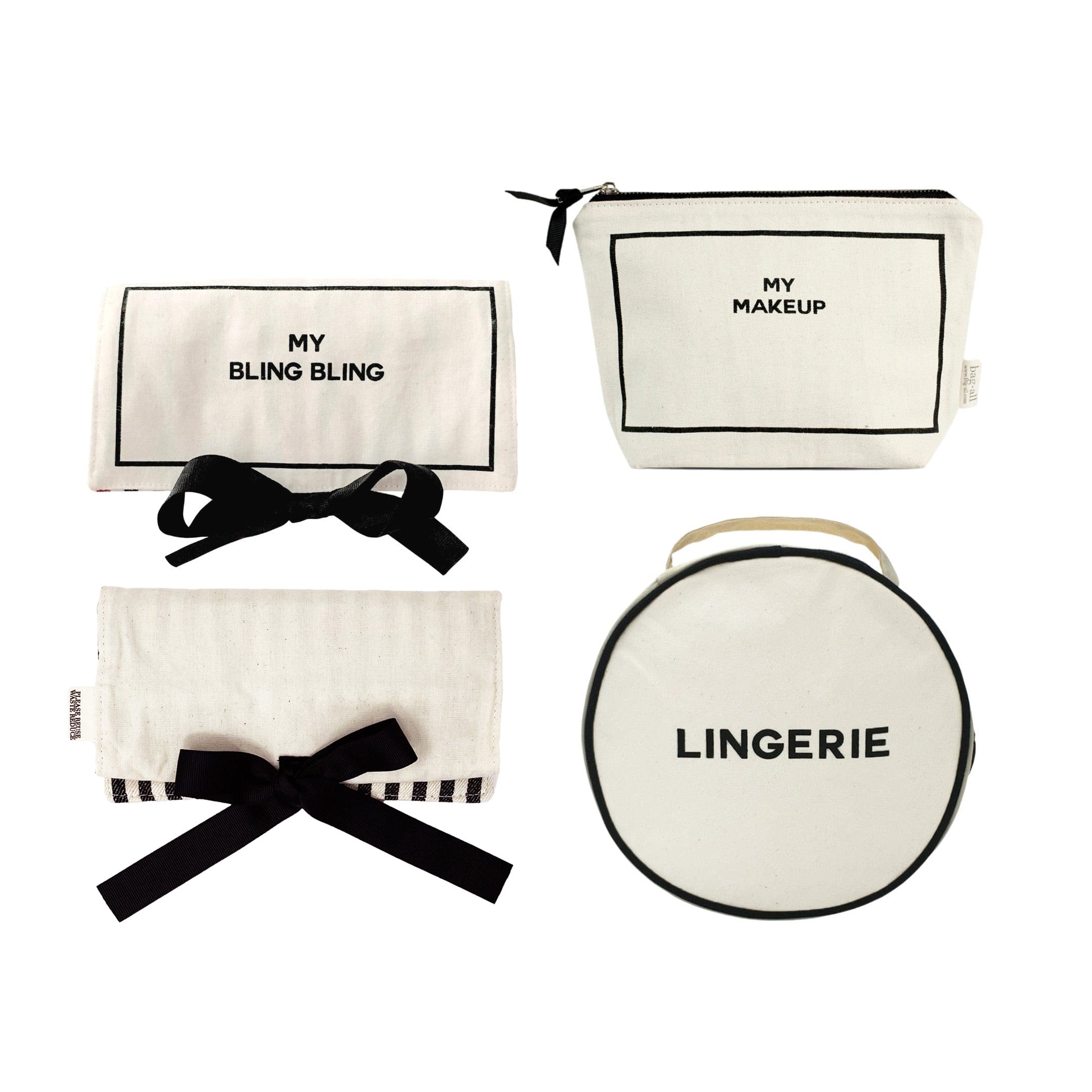 Bag-all Deal Gift Set for Her featuring cream cotton cases for lingerie, makeup, and jewelry with black text and bows, perfect for stylish organization