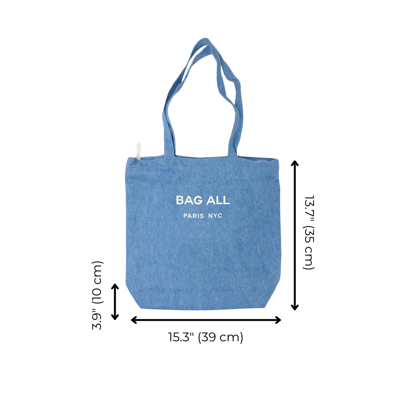 Bag-all Paris Le Marais denim tote with zipper - blue cotton canvas tote bag featuring white printed logo, measurements 15.3x13.7 inches, with secure zip closure and interior pocket