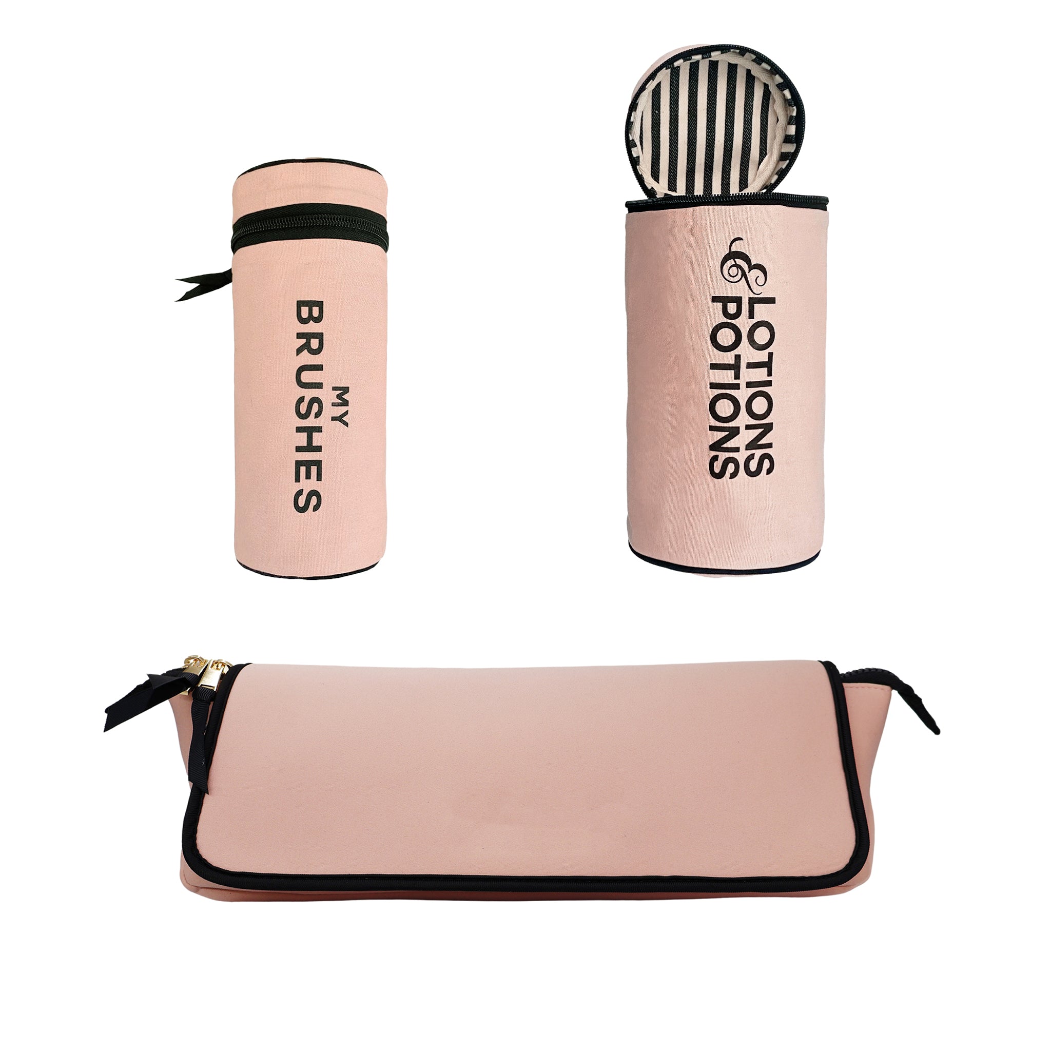 Bag-all pink blush 3-pack brushes and hair tools organizer set with labeled containers for brushes and lotions potions