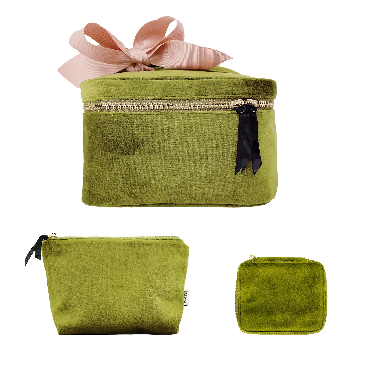 Bag-all eco velvet green 3-piece makeup and jewelry set with zipper and bow detail for organized storage
