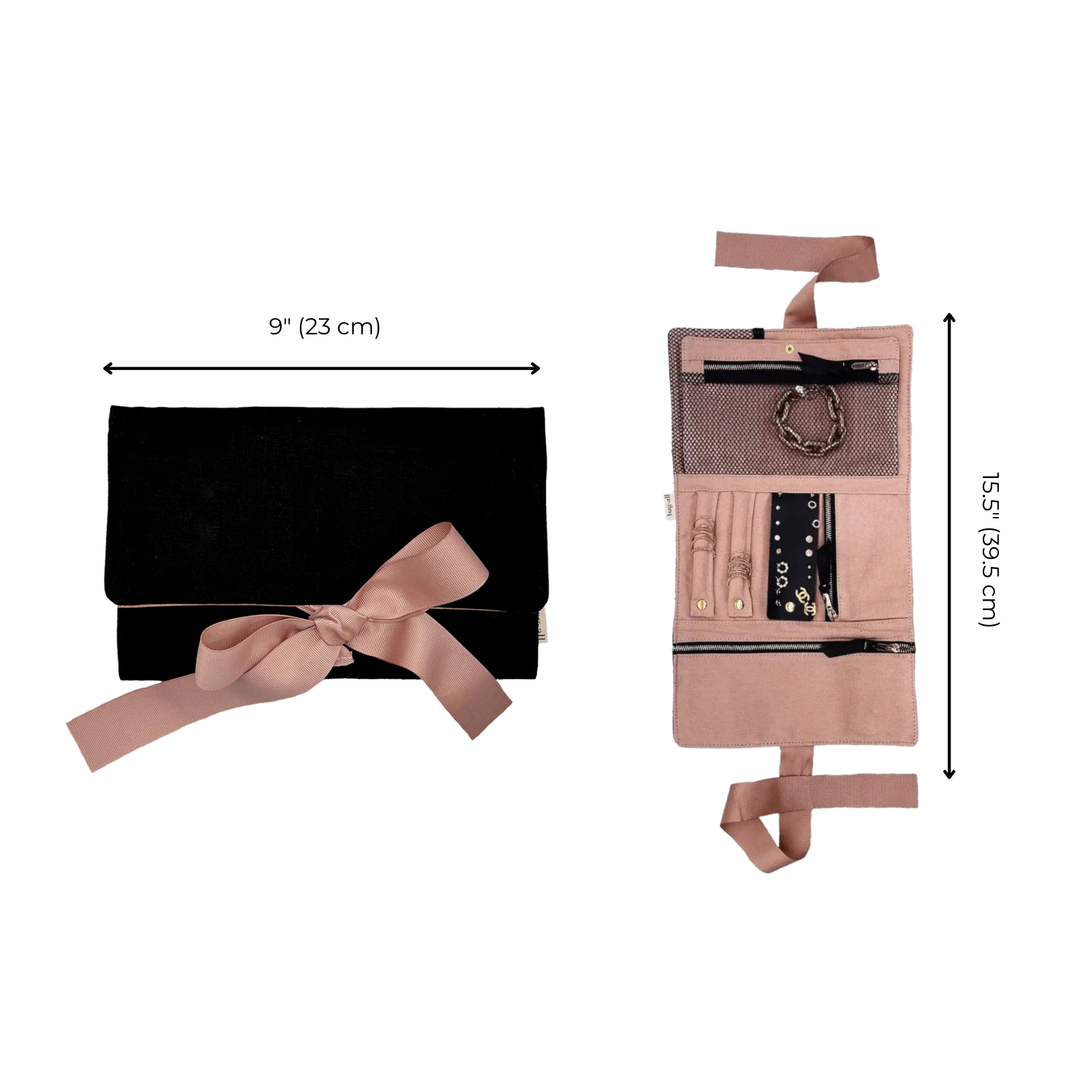 Bag-all Large Jewelry Roll in black velvet with pink bow, featuring multiple compartments and secure closures for elegant travel organization, shown closed and open view