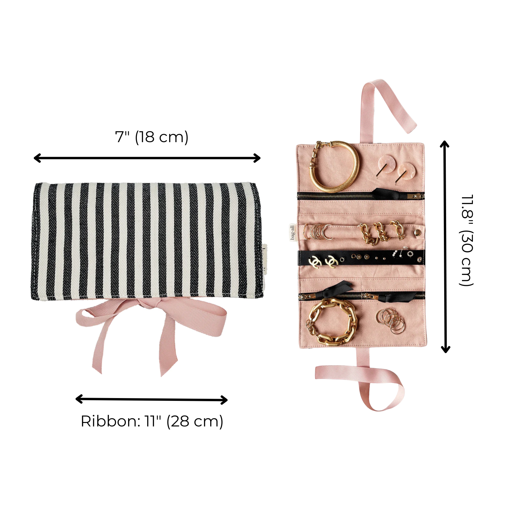 Bag-all Couture Jewelry Roll Medium Striped: Black and white striped travel organizer with pink lining, featuring multiple compartments for jewelry storage, leather earring holder and ring protection