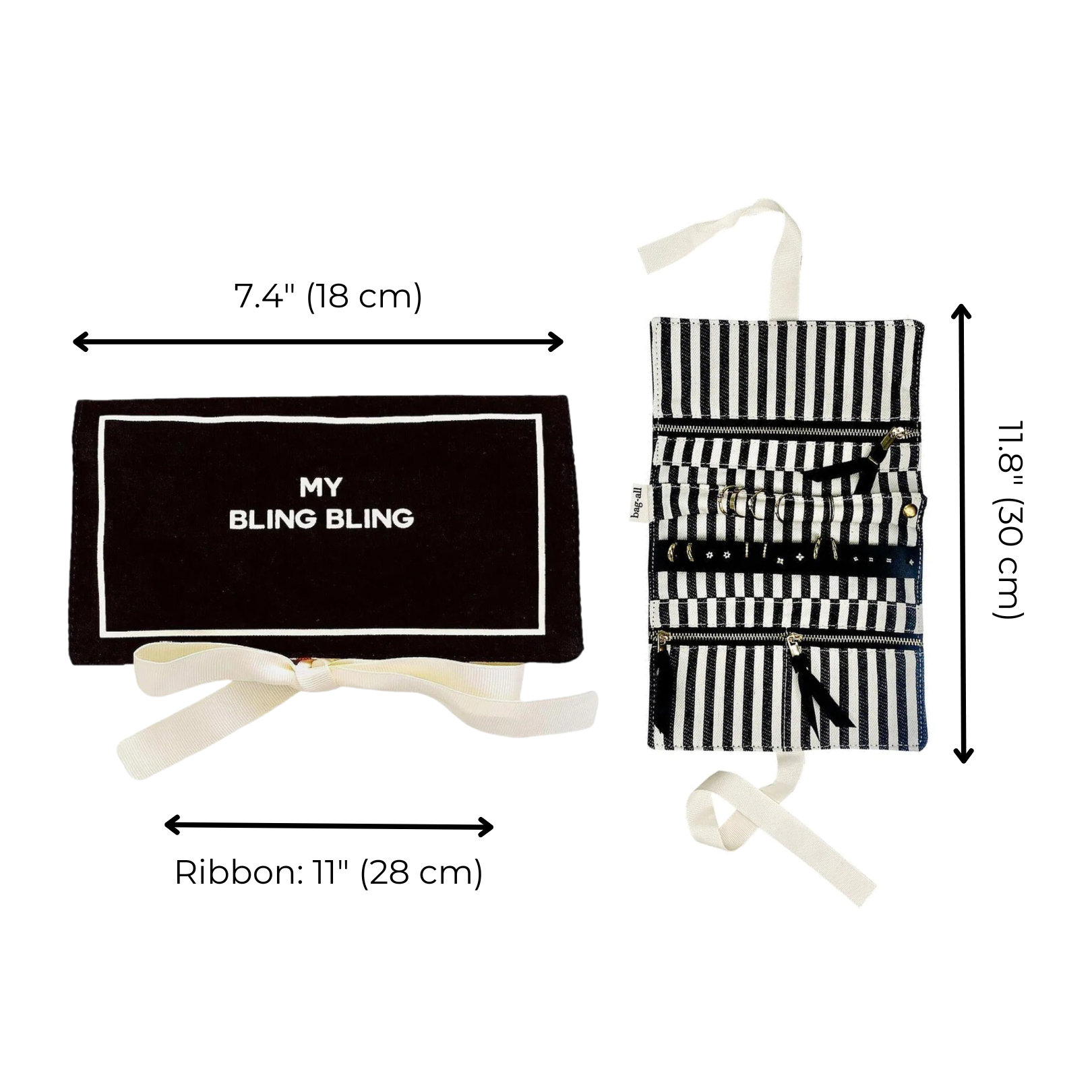 Bag-all Jewelry Organizer Travel Pouch in black with striped pattern, featuring three compartments, leather earring holder and ring padding. Elegant storage solution with cream ribbons.