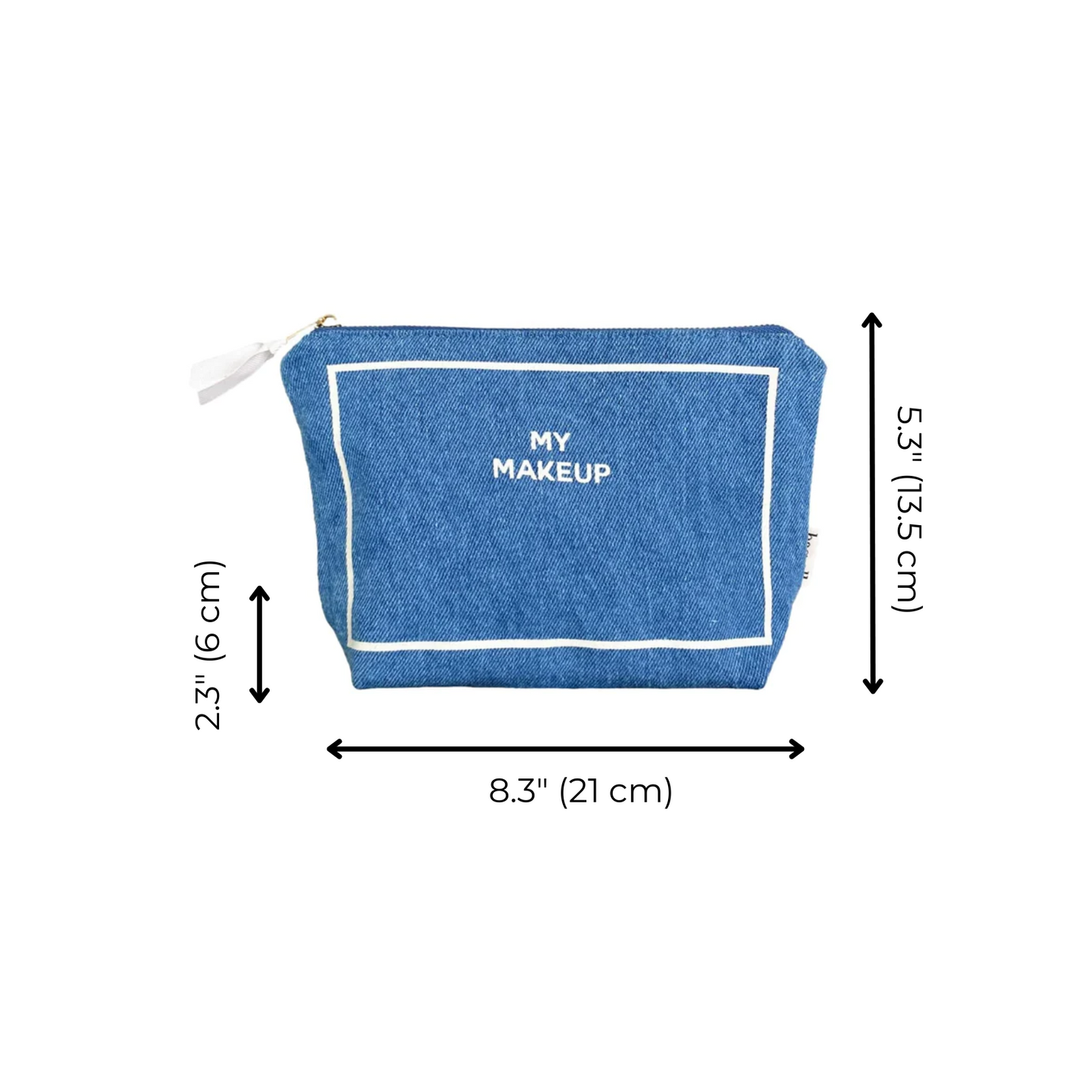 Bag-all My Makeup Pouch in denim with coated lining, featuring white embroidered text, zippered top closure, and waterproof interior. Size: 8.3x5.3 inches. Perfect for organizing beauty essentials.