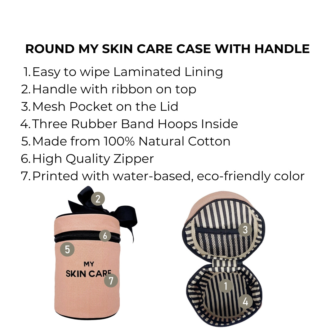 Bag-all Round Skin Care Case with Handle in Pink features laminated lining, mesh pocket, rubber bands, black bow detail. 100% cotton eco-friendly travel organizer for beauty products.