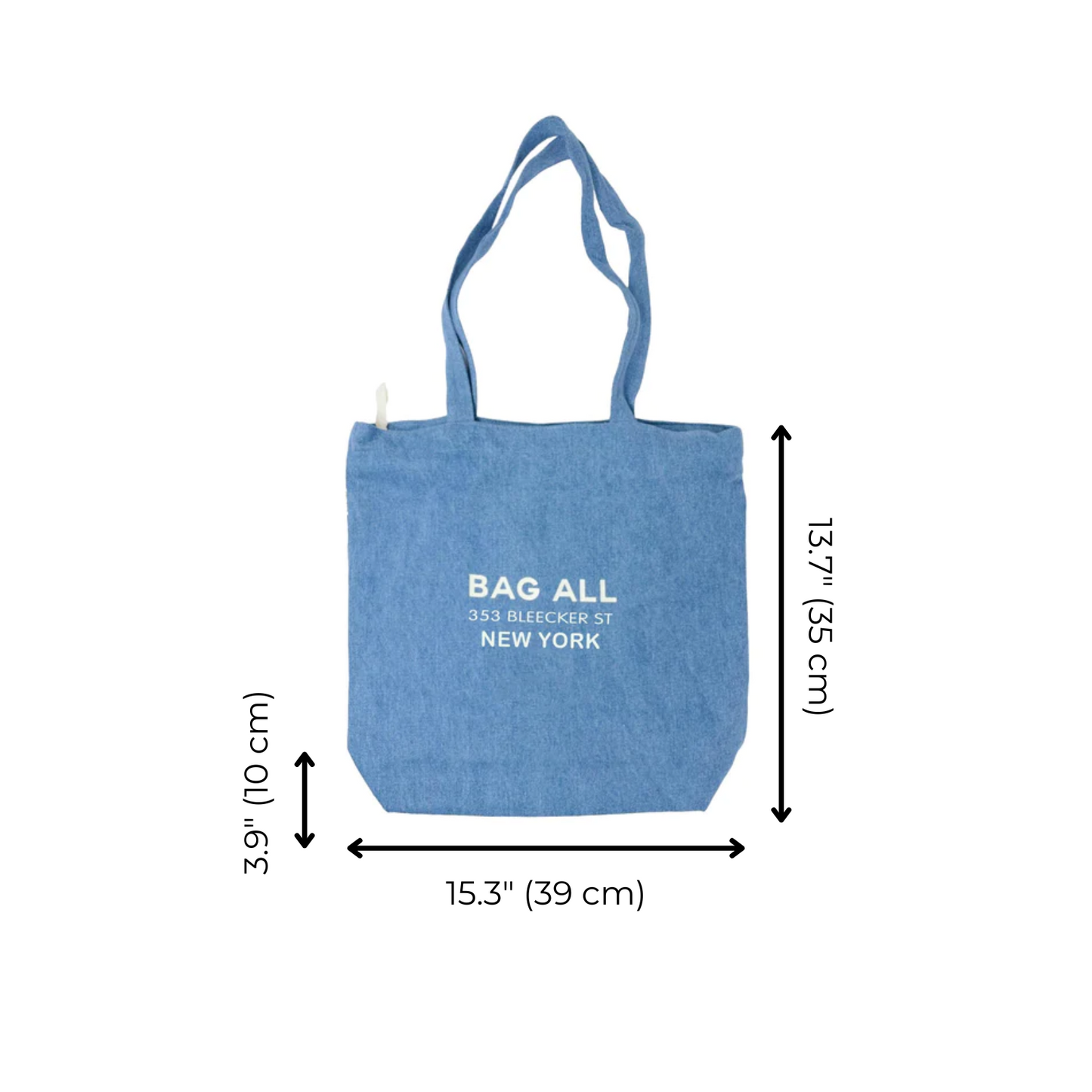 Bag-all New York City denim tote bag with zipper and interior pocket, featuring eco-friendly design, comfortable straps, and measurements 15.3" x 13.7". Perfect for daily essentials and shopping.