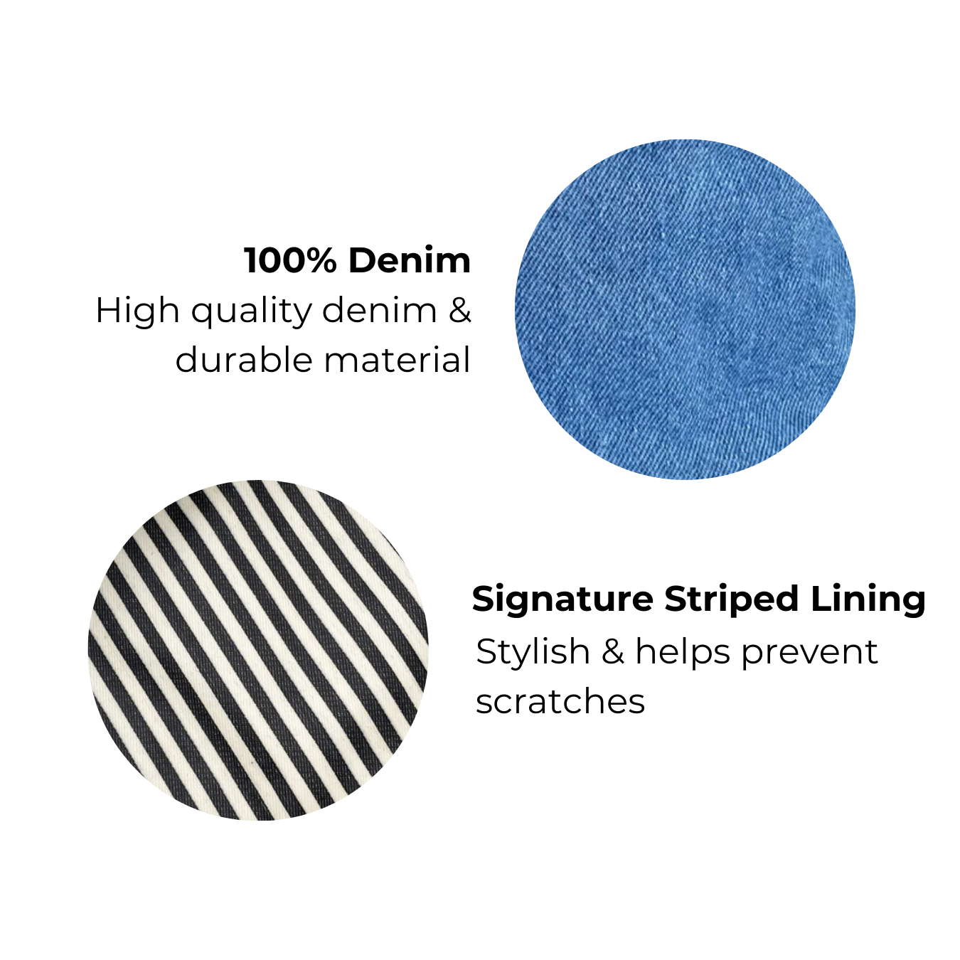 Bag-all Mini Trinket Pouch in premium denim with signature black and white striped lining. Features 100% durable denim material and protective interior for organizing small items with style.