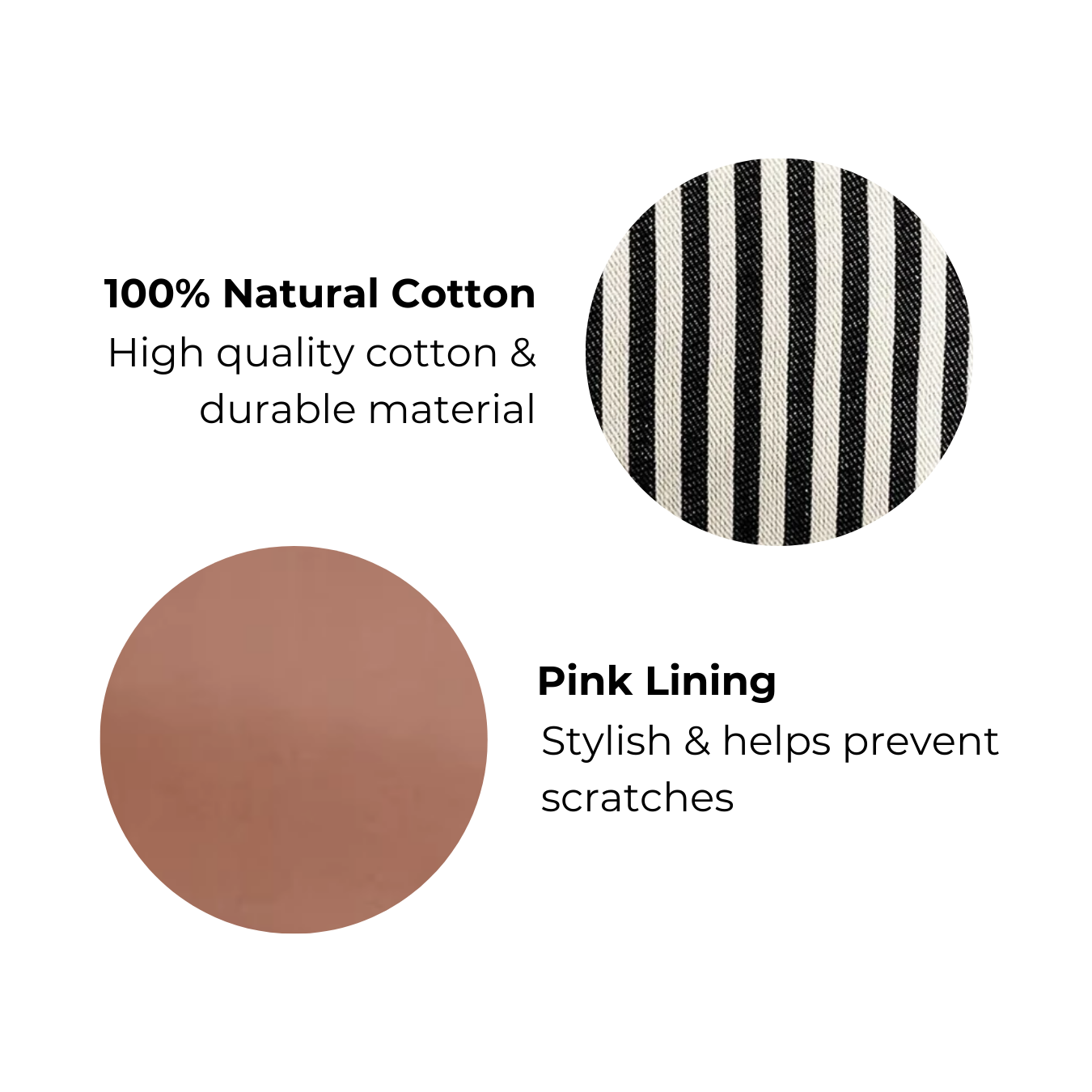 Bag-all Couture Jewelry Roll Medium featuring black and white striped cotton exterior with pink interior lining, showcasing material swatches and quality details for jewelry organization