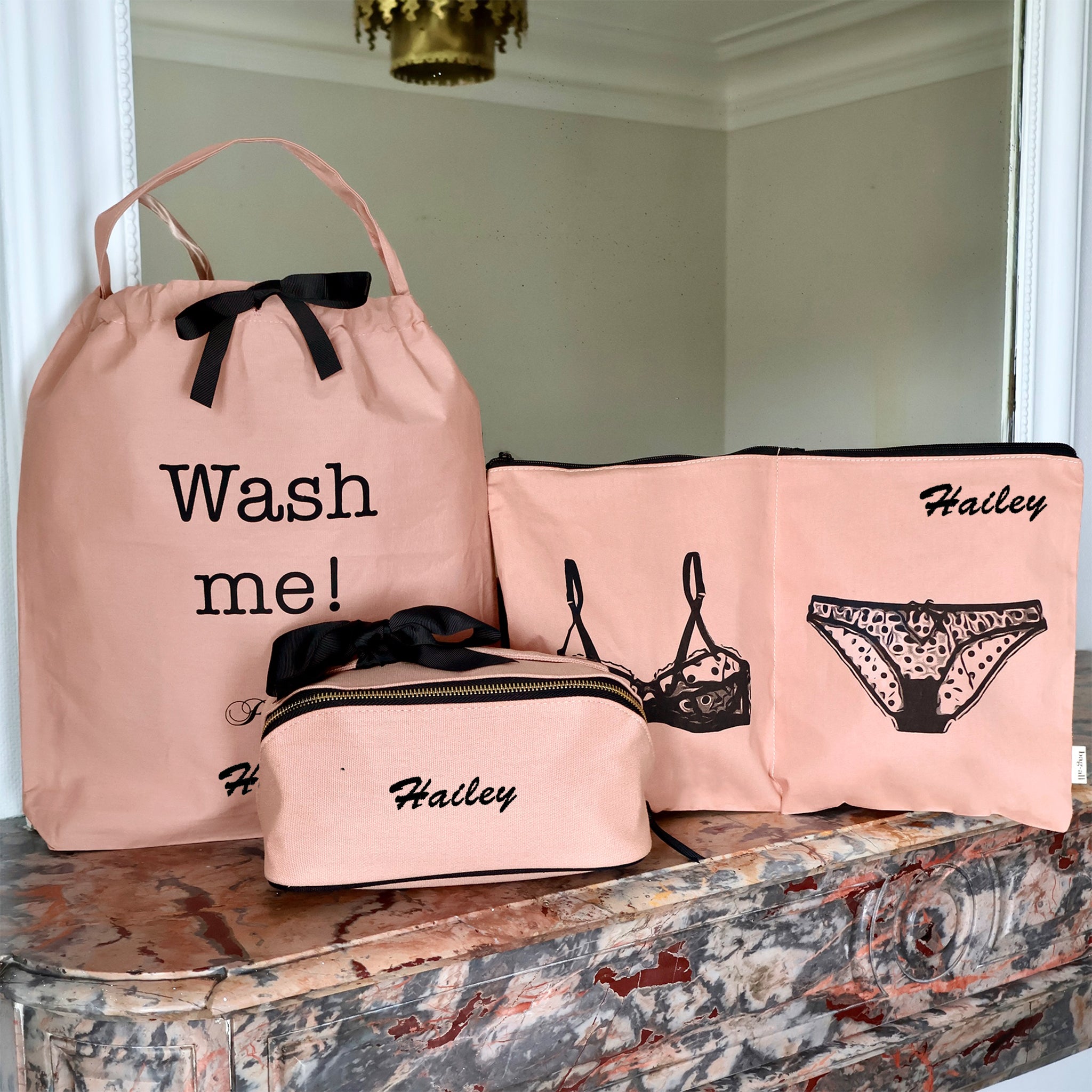 Bag-all pink blush 3-pack underwear and laundry organizer set with personalized name Hailey in stylish design