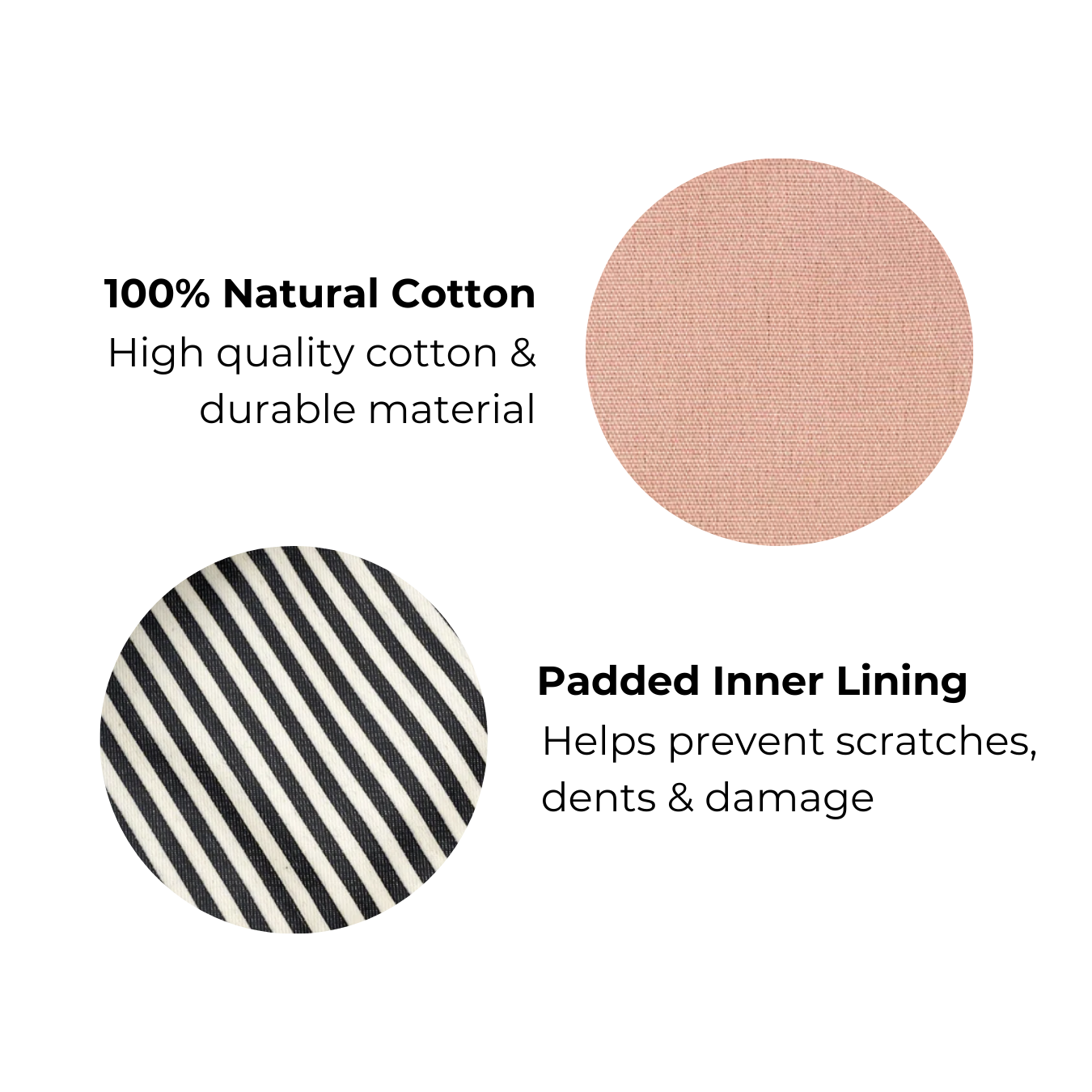 Bag-all Pink Tablet Case 11" features natural cotton exterior in blush pink and protective striped padded inner lining, with convenient charger pocket for organized storage