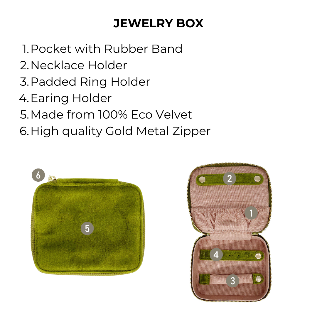 Bag-all Cute Jewelry Box in green recycled velvet with monogram option, featuring organized compartments for rings, necklaces, and earrings, gold zipper and pink lining