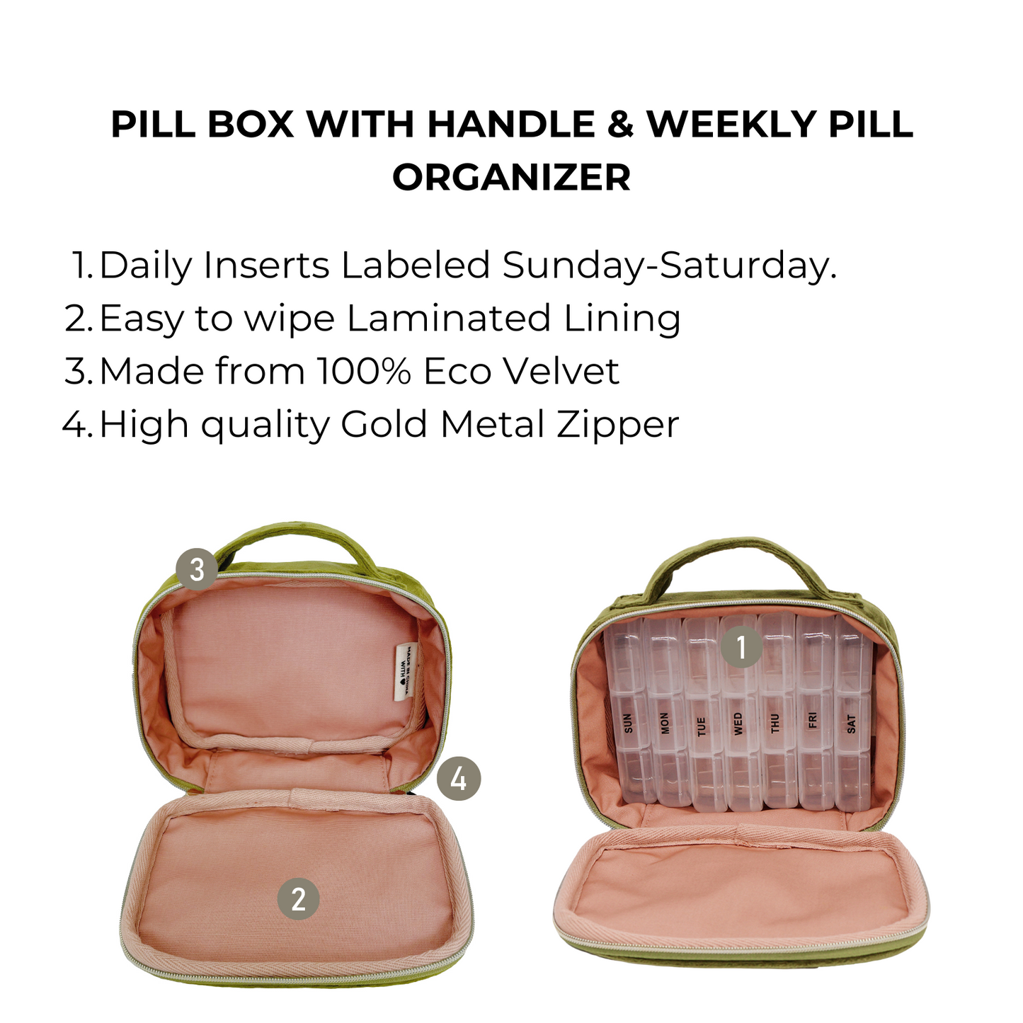Bag-all Green Velvet Weekly Pill Organizer with Handle featuring eco-friendly velvet exterior, laminated interior, gold zipper, and 7-day compartments for organized medication storage