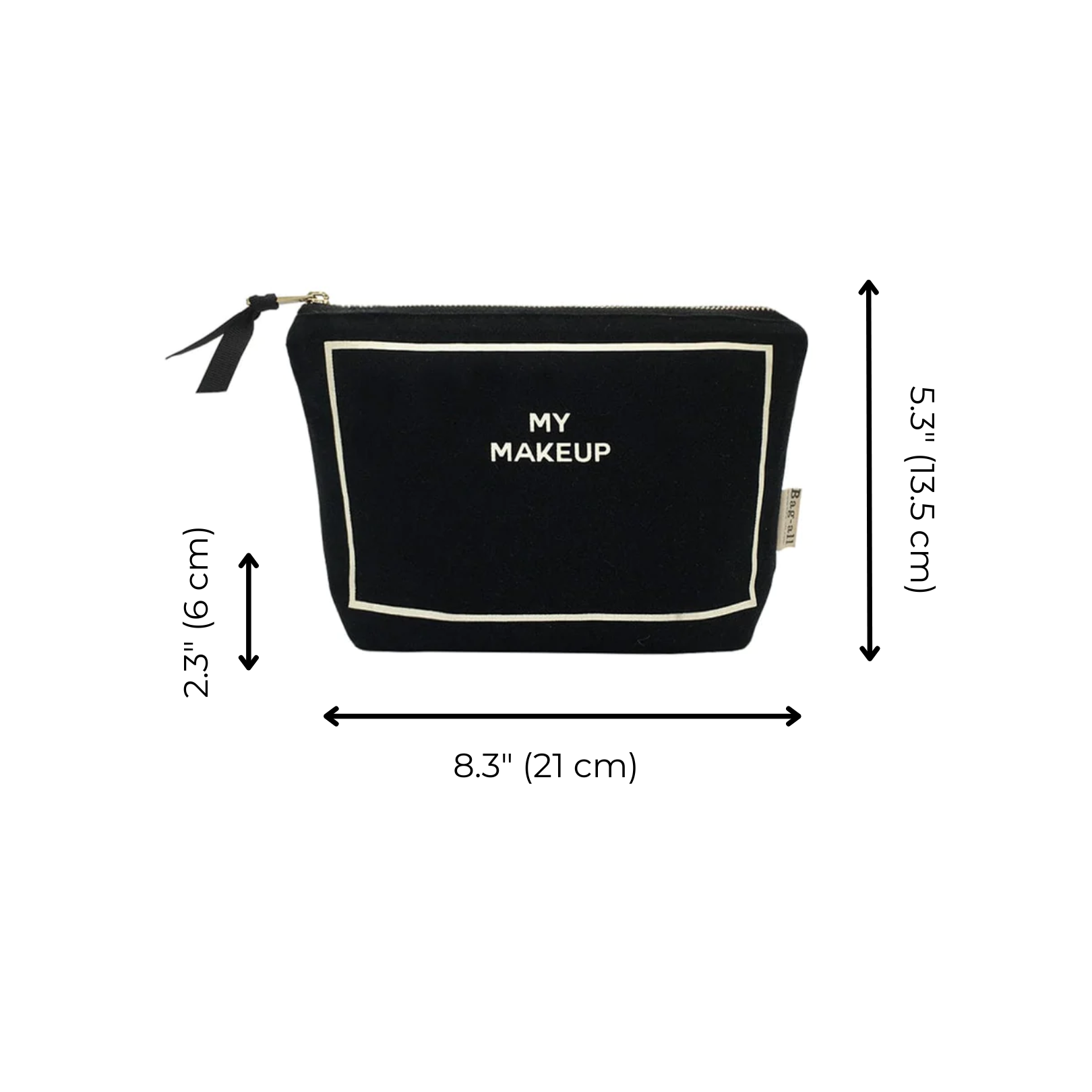 Bag-all My Makeup Pouch in black canvas with waterproof lining and white trim, featuring "MY MAKEUP" text, measuring 8.3x5.3 inches with zipper closure