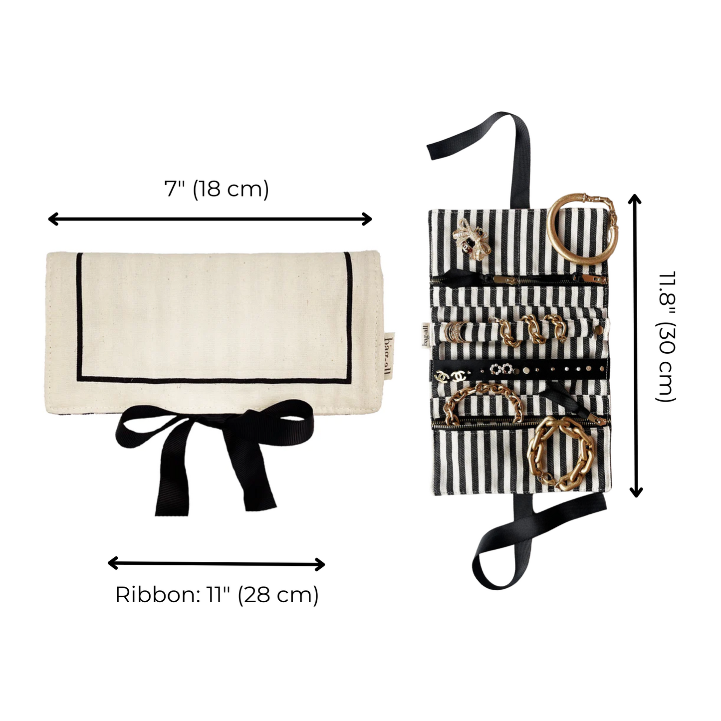 Bag-all Couture Jewelry Roll Medium in cream with black trim and striped interior lining, featuring three zippered compartments and measurements of 7x18 inches when unfolded