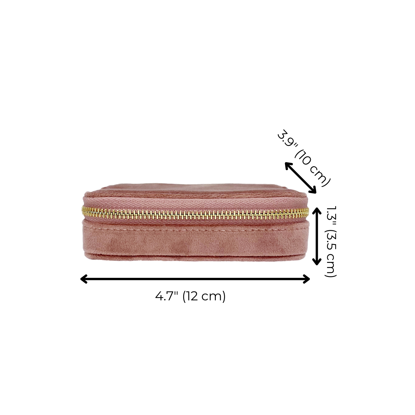 Bag-all Cute Jewelry Box in pink recycled velvet with gold zipper, featuring monogrammable design, compact size, and integrated organizers for rings, necklaces, and earrings