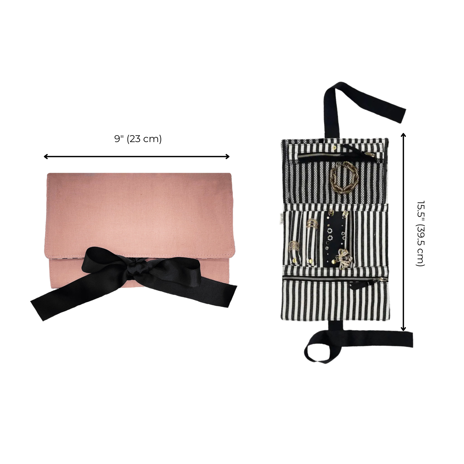 Bag-all Large Jewelry Roll in pink blush with black bow closure and striped interior compartments, shown open and closed, measuring 9 inches wide and 15.5 inches tall