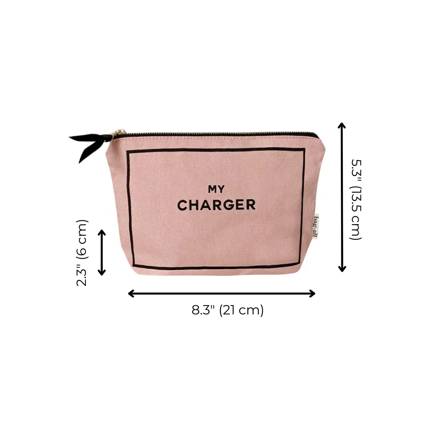 Bag-all Charger Pouch in blush pink cotton with black border, gold zipper, size 8.3x5.3 inches, perfect for organizing cables and tech accessories