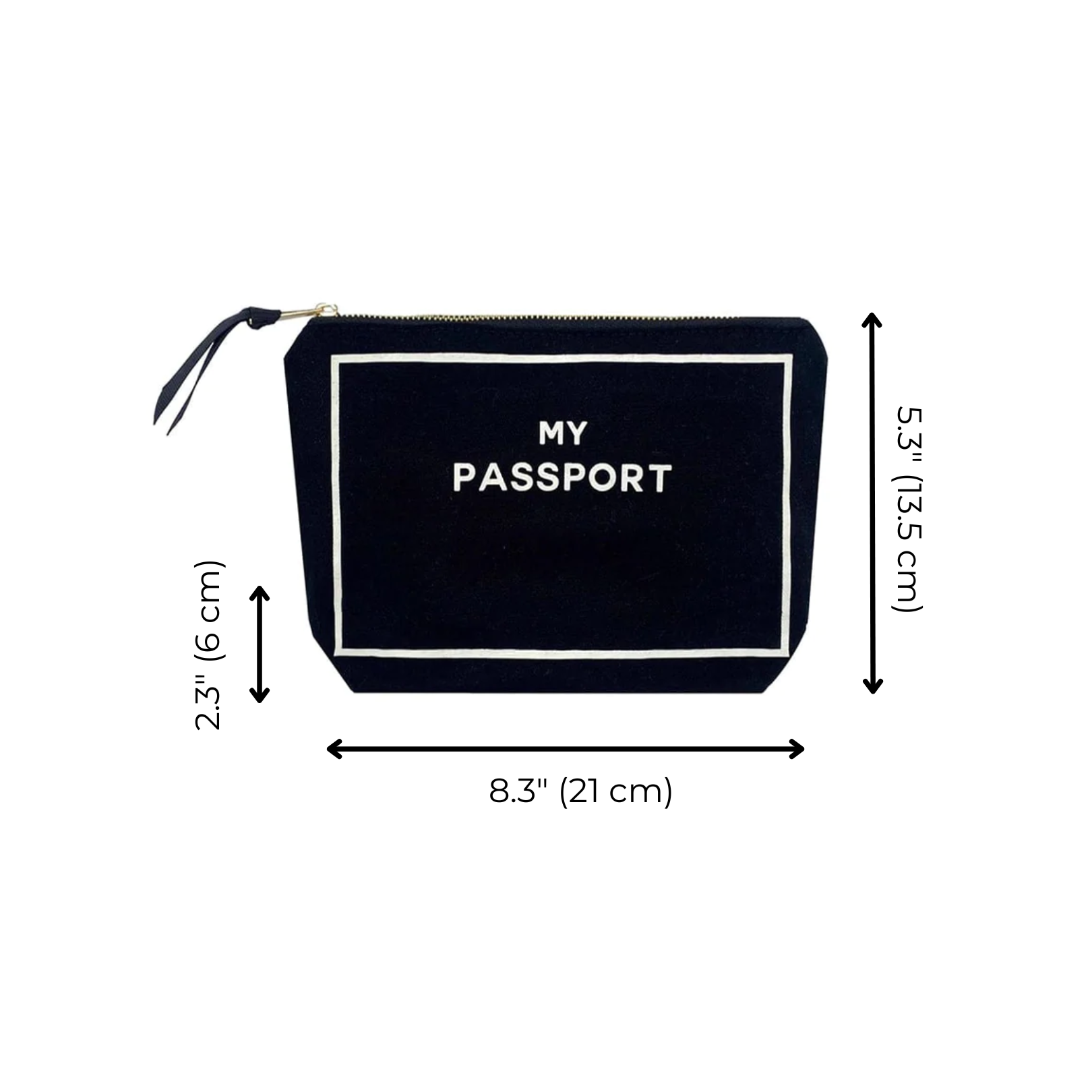 Bag-all black cotton Passport Pouch with white text and zipper closure, featuring 'MY PASSPORT' print. Compact travel organizer for documents and cards, 8.3 x 5.3 inches.
