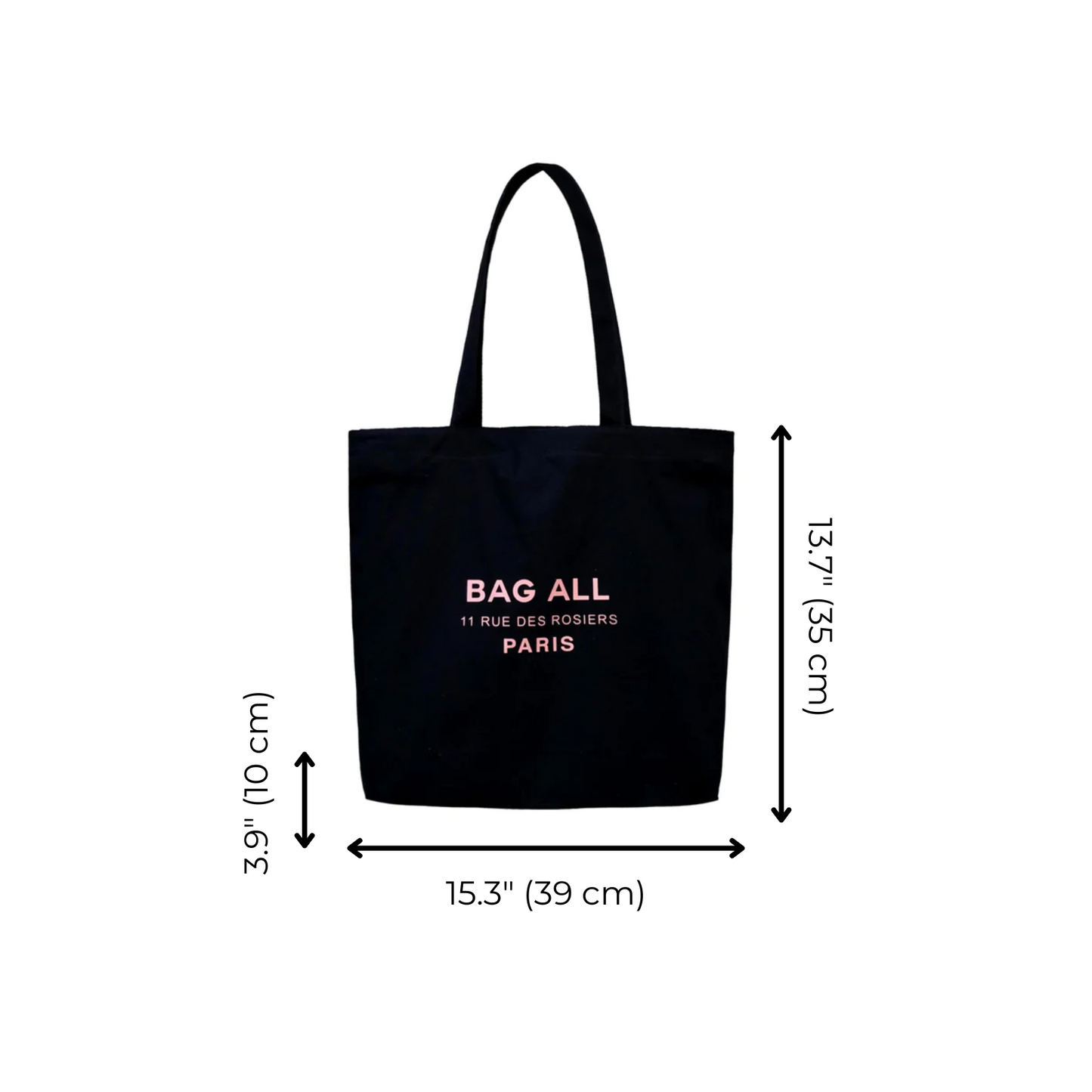 Bag-all Paris Le Marais black cotton tote with zipper and inside pocket, featuring elegant Paris store address print and measurements 15.3x13.7 inches, perfect for everyday use