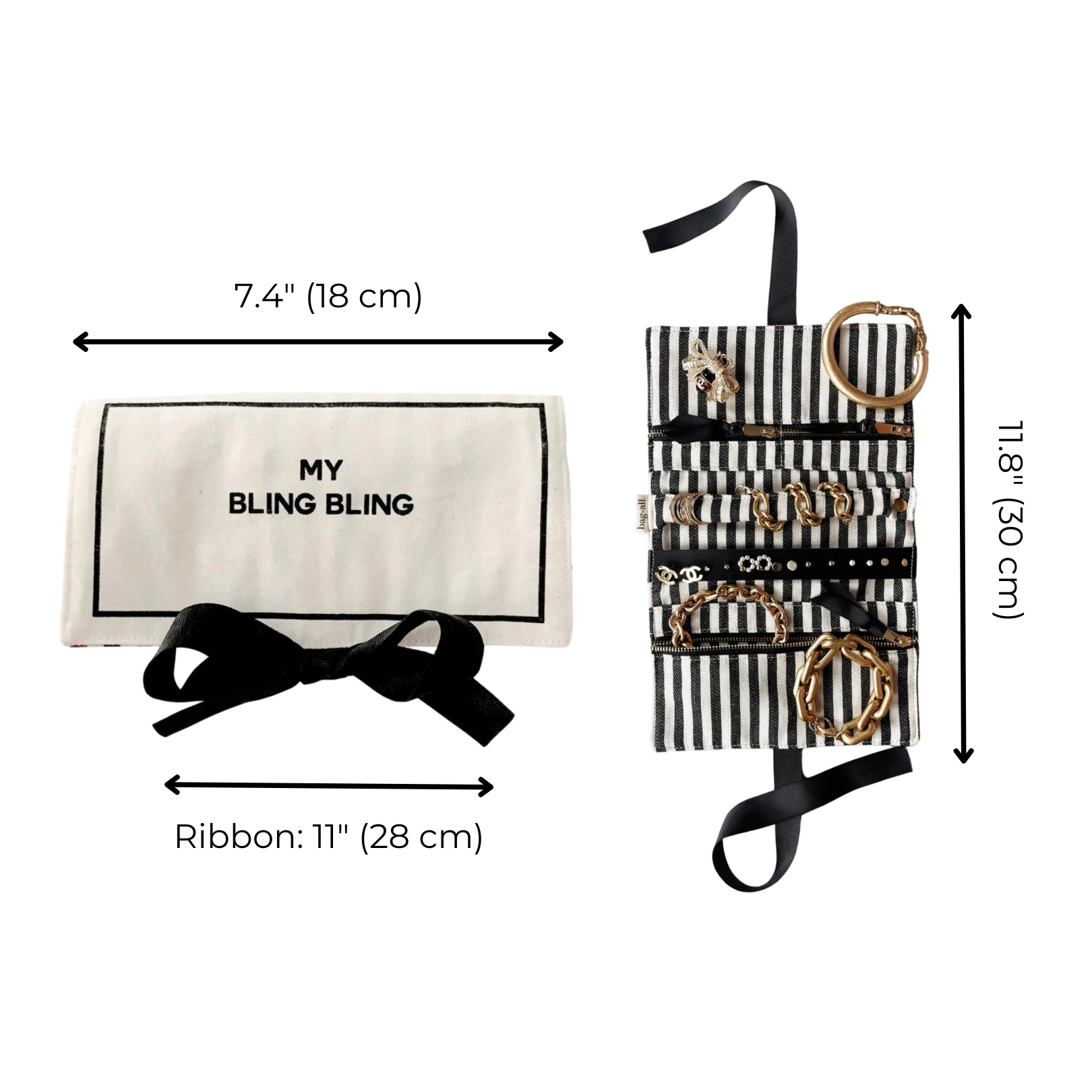 Bag-all Jewelry Organizer Travel Pouch in cream with striped interior, featuring multiple compartments, leather earring holder, ring holder, and black bow detail, measuring 7.4 x 11.8 inches