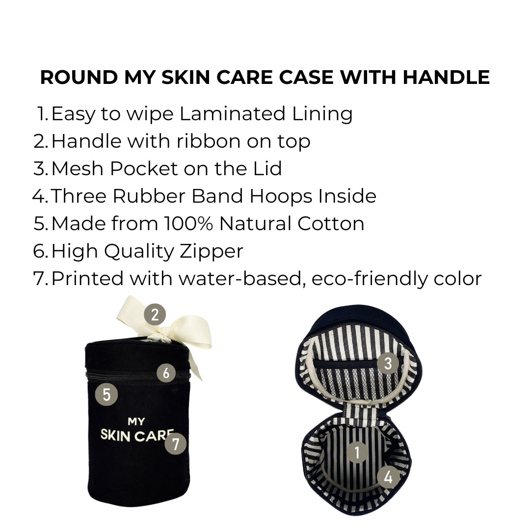 Bag-all Round Skin Care Case with Handle in black cotton, featuring laminated lining, mesh lid pocket, rubber bands, eco-friendly design, and decorative bow for organized beauty storage