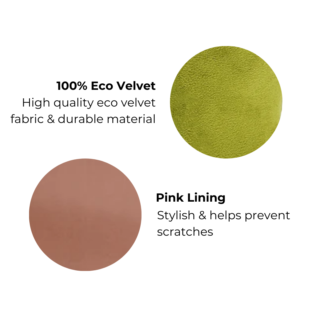 Bag-all Cute Jewelry Box features recycled green velvet exterior and pink interior lining, demonstrating eco-friendly materials and water-resistant functionality