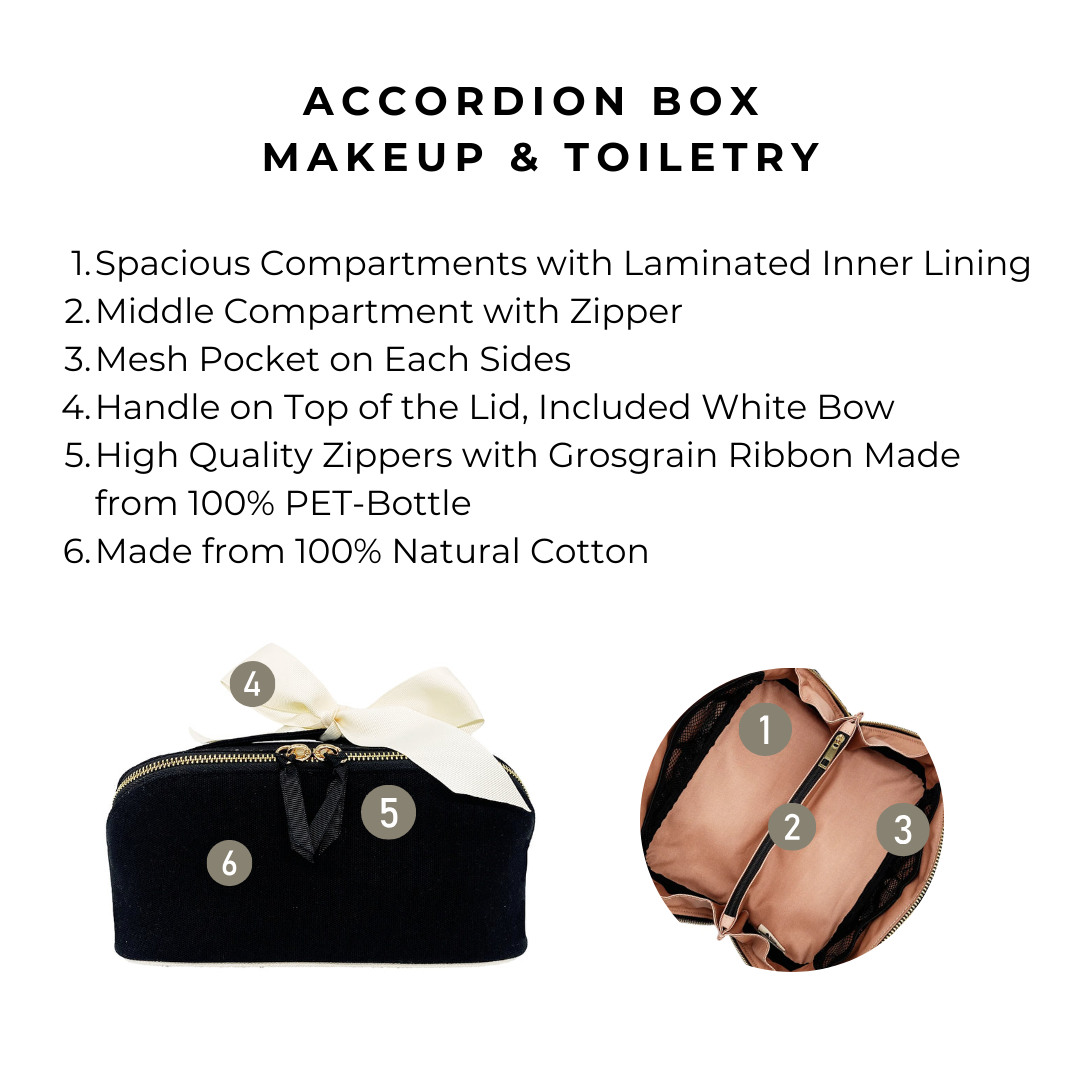 Bag-all Accordion Box Makeup & Toiletry organizer featuring natural cotton, laminated compartments, mesh pockets, and recycled zipper with white bow detail for elegant storage solution