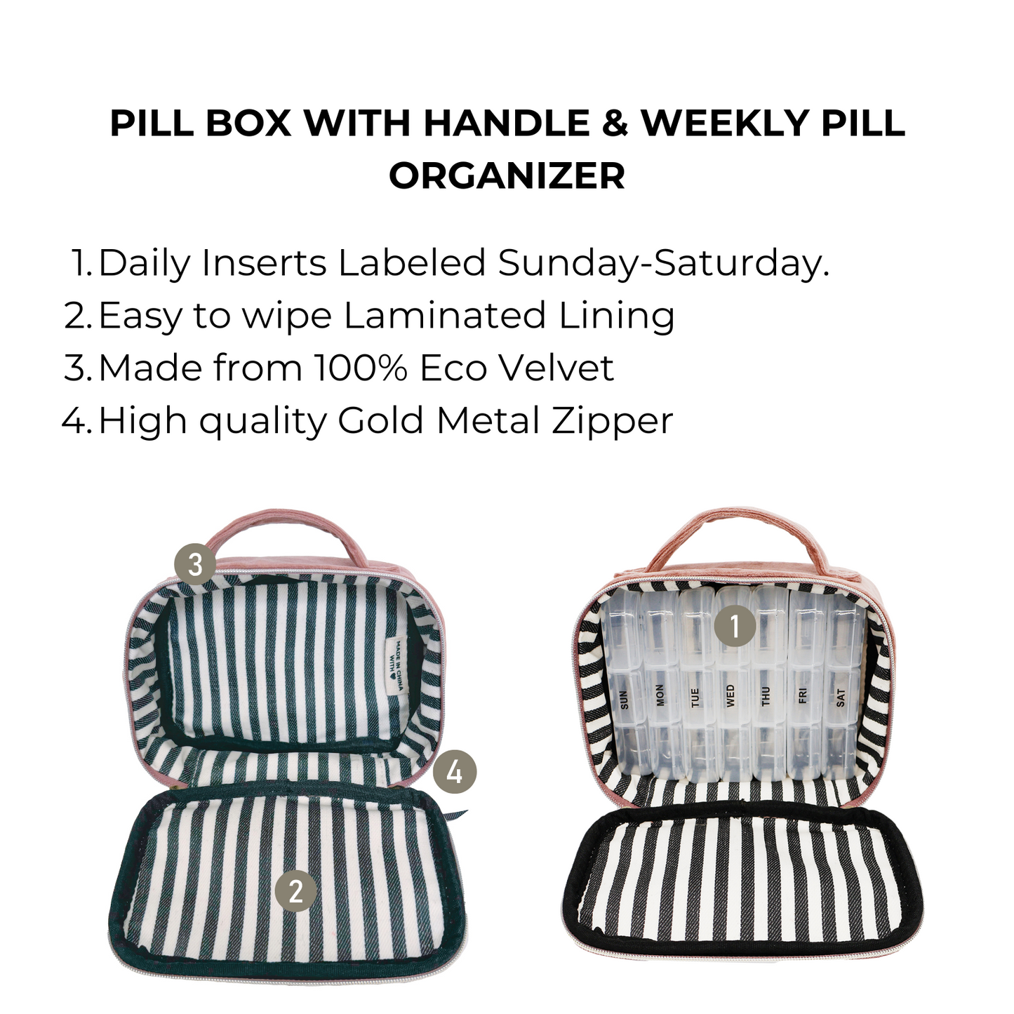 Bag-all Pink Velvet Pill Box with Handle & Weekly Organizer featuring eco-friendly velvet exterior, striped interior lining, gold zipper, and 7-day medication compartments for organized daily storage