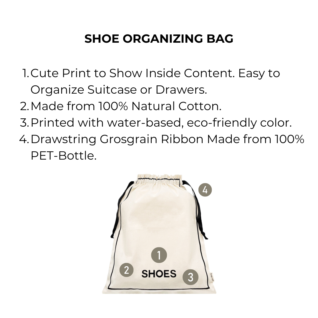 Bag-all Couture Shoe Travel Bag in cream cotton with delicate print pattern, featuring eco-friendly water-based graphics and recycled drawstring closure for sustainable shoe storage and travel organization