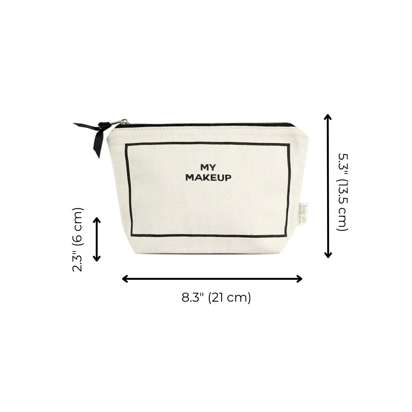 Bag-all My Makeup Pouch in cream canvas with waterproof lining, featuring black text design, zipper closure, compact size 8.3 x 5.3 inches for everyday cosmetics storage