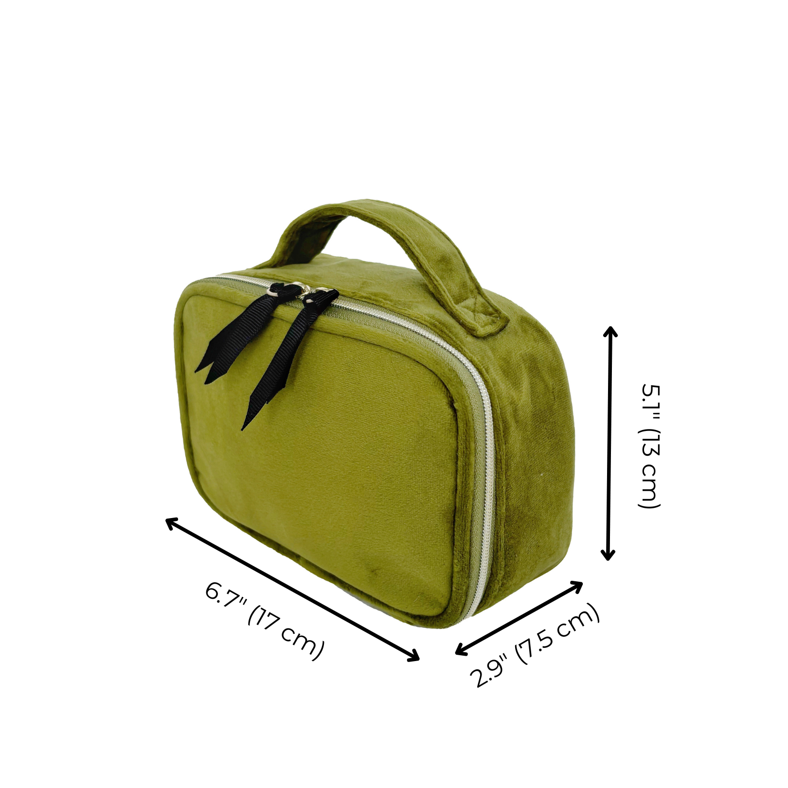 Bag-all Small Beauty Box in luxurious green velvet with handle, perfect for makeup and accessories storage. Compact size: 6.7" x 5.1" x 2.9", vegan-friendly material