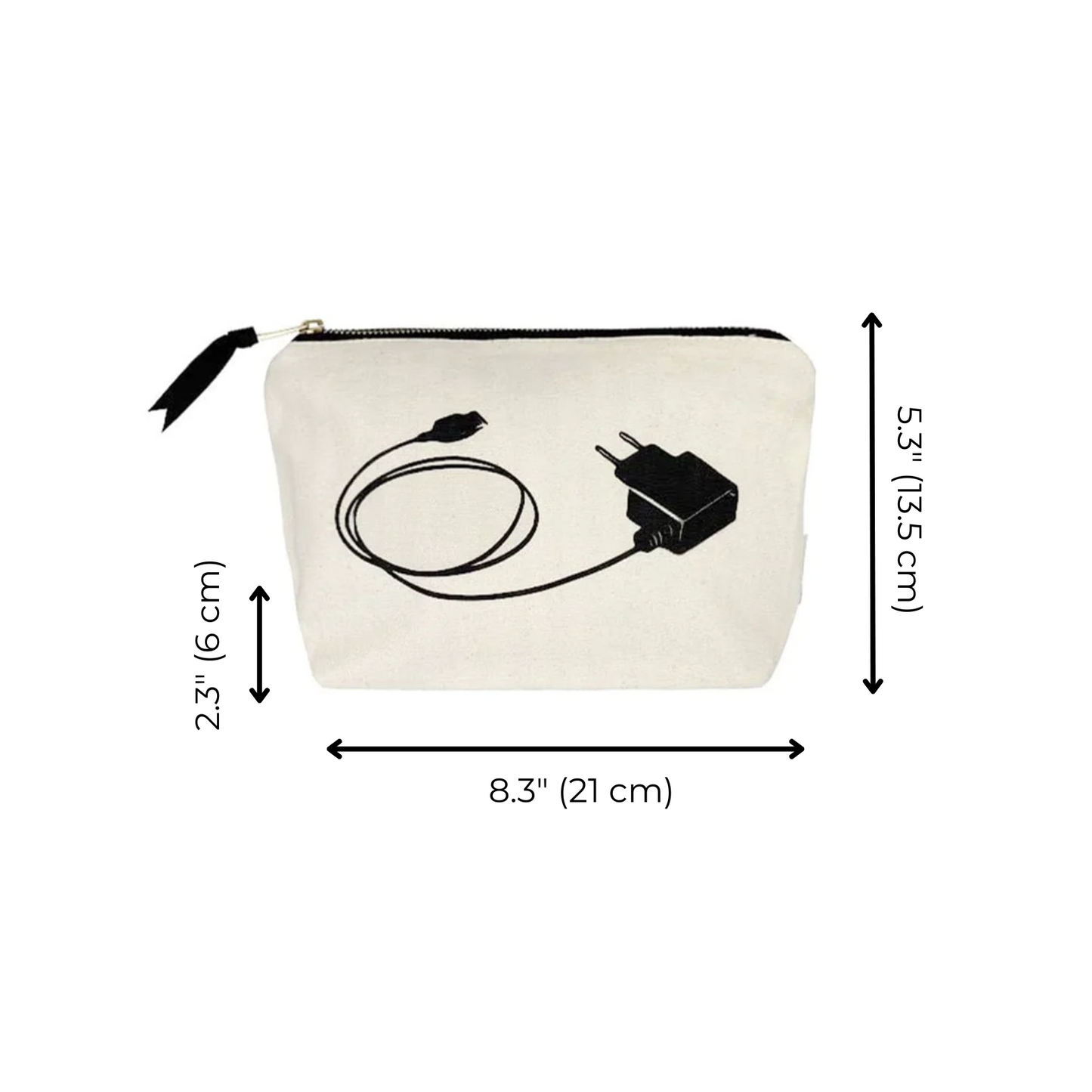 Bag-all Cream Charger Pouch with black charger print design, featuring metal zipper and recycled ribbon. Compact cotton storage case for organizing cables and adapters.