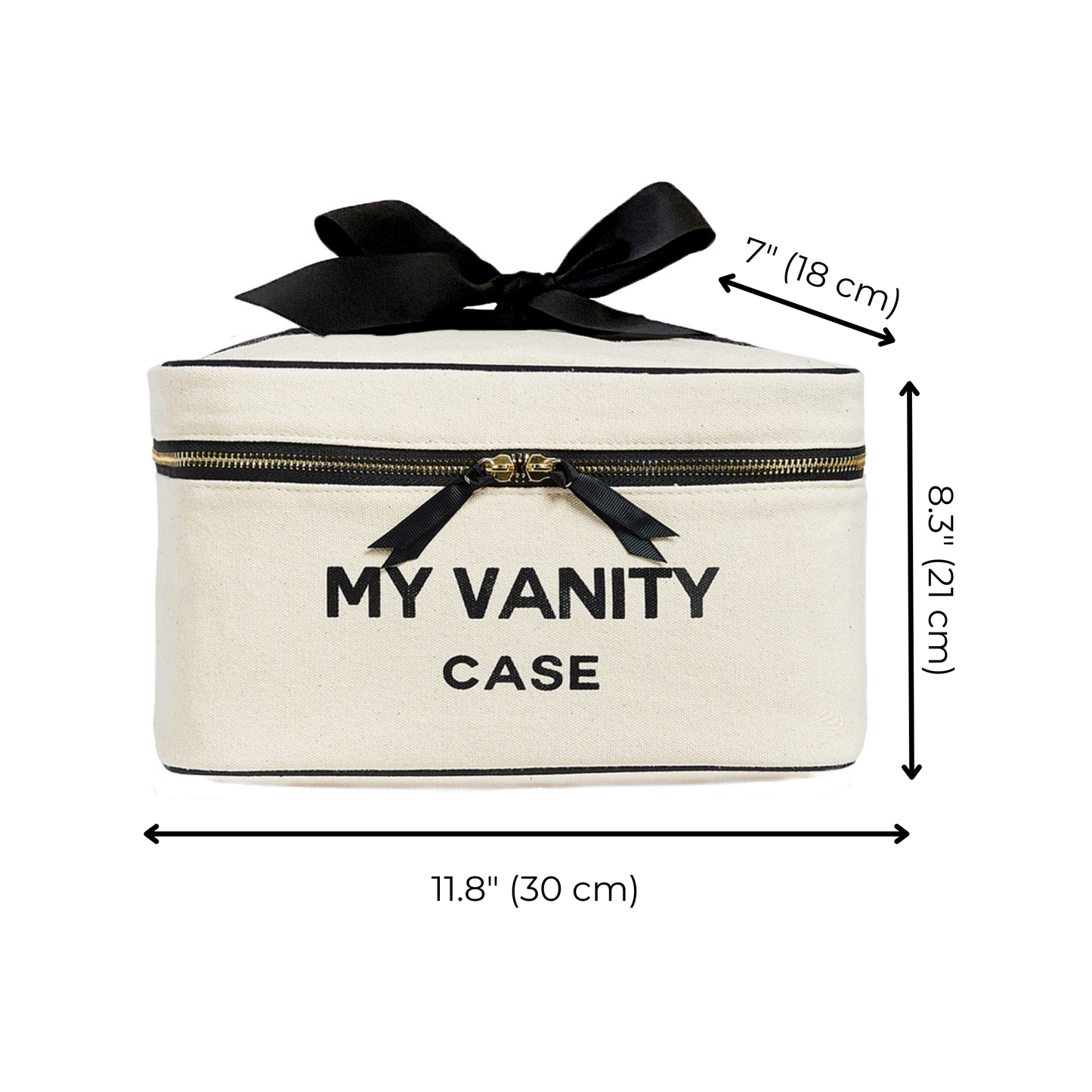 Bag-all My Vanity Large Beauty Box in cream with black bow, zippered top, dimensions 11.8x8.3x7 inches, waterproof lined storage case for cosmetics and toiletries