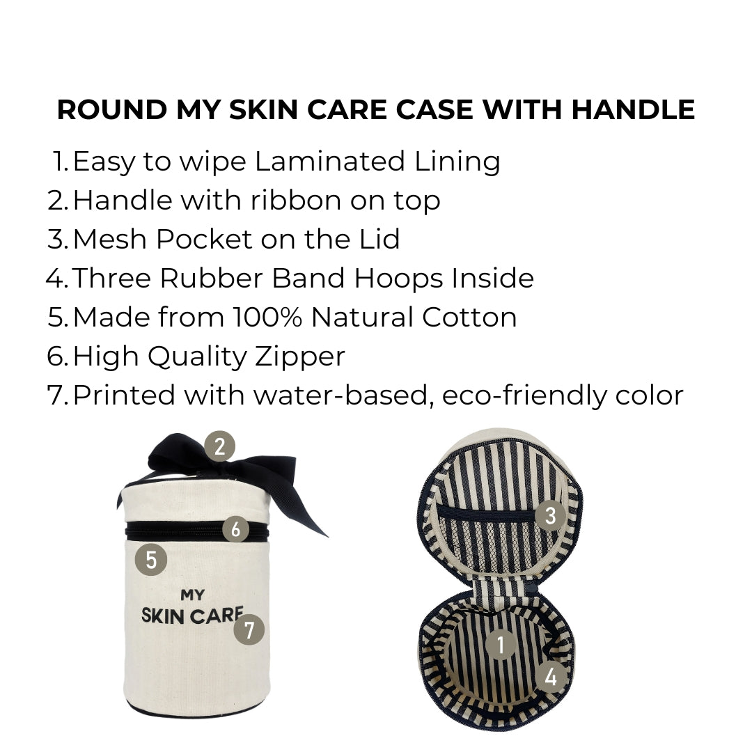 Bag-all Round Skin Care Case with Handle featuring natural cotton construction, laminated lining, mesh lid pocket, and ribbon bow detail, perfect for organized beauty storage