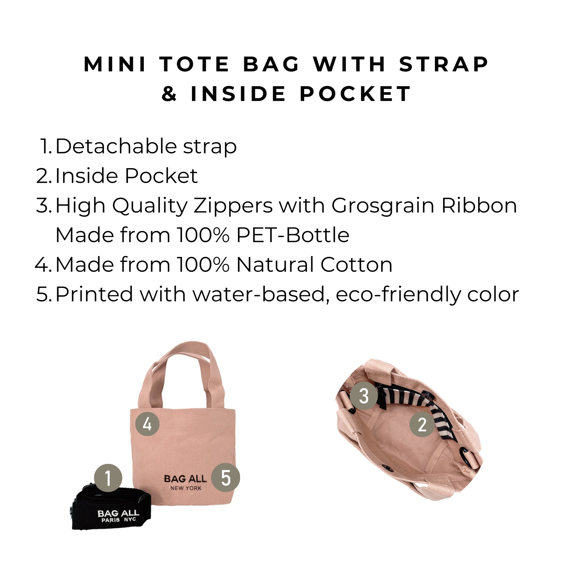 Bag-all Mini Tote Bag in pink/blush cotton with detachable strap, interior pocket, eco-friendly design featuring high-quality zippers and natural materials, perfect for everyday organization