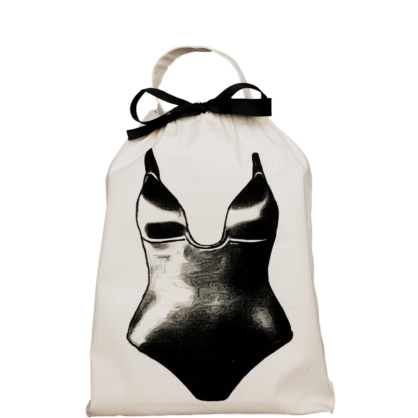 Bag-all Shapewear Travel Bag in cream with black swimsuit design and bow detail - stylish storage solution for organizing shapewear at home or while traveling