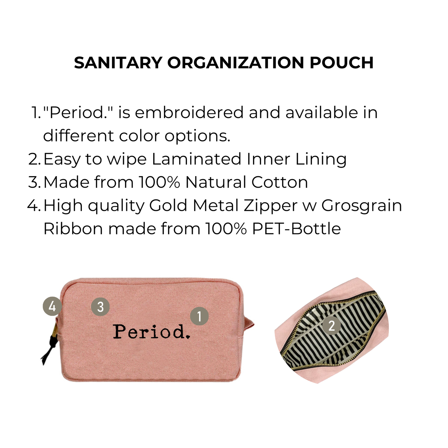 Bag-all Pink Period Sanitary Organization Pouch with embroidered text, striped lining, and gold zipper, perfect for discreet storage