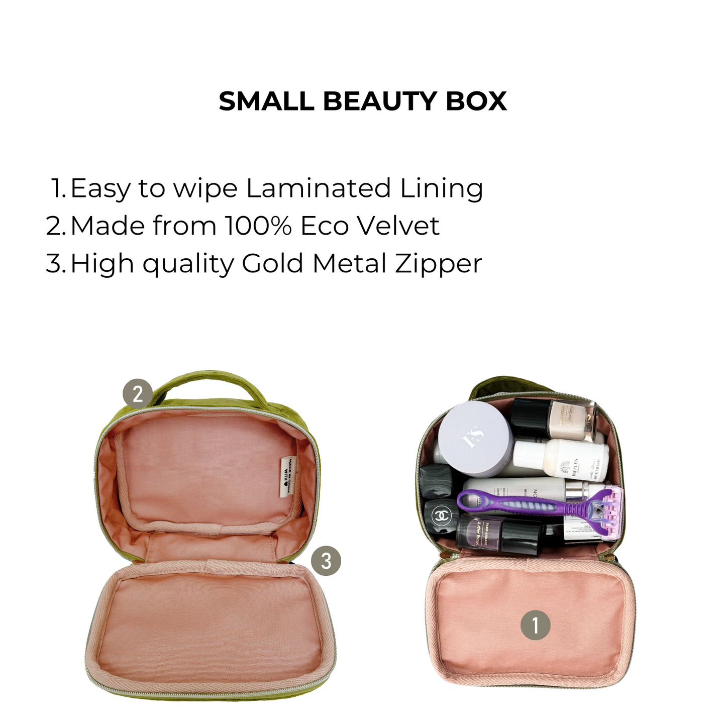 Bag-all Small Beauty Box in Green Velvet with eco-friendly lining, gold zipper, and handle - perfect for organizing makeup and cosmetics, featuring laminated interior for easy cleaning