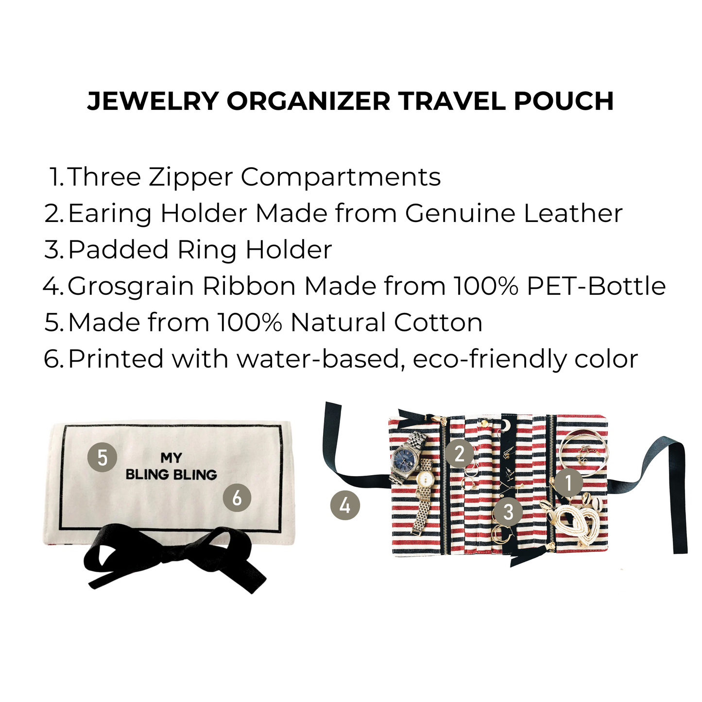 Bag-all Jewelry Organizer Travel Pouch in cream features three zipper compartments, leather earring holder, padded ring storage, blue-red-white interior, and eco-friendly black bow for elegant jewelry organization