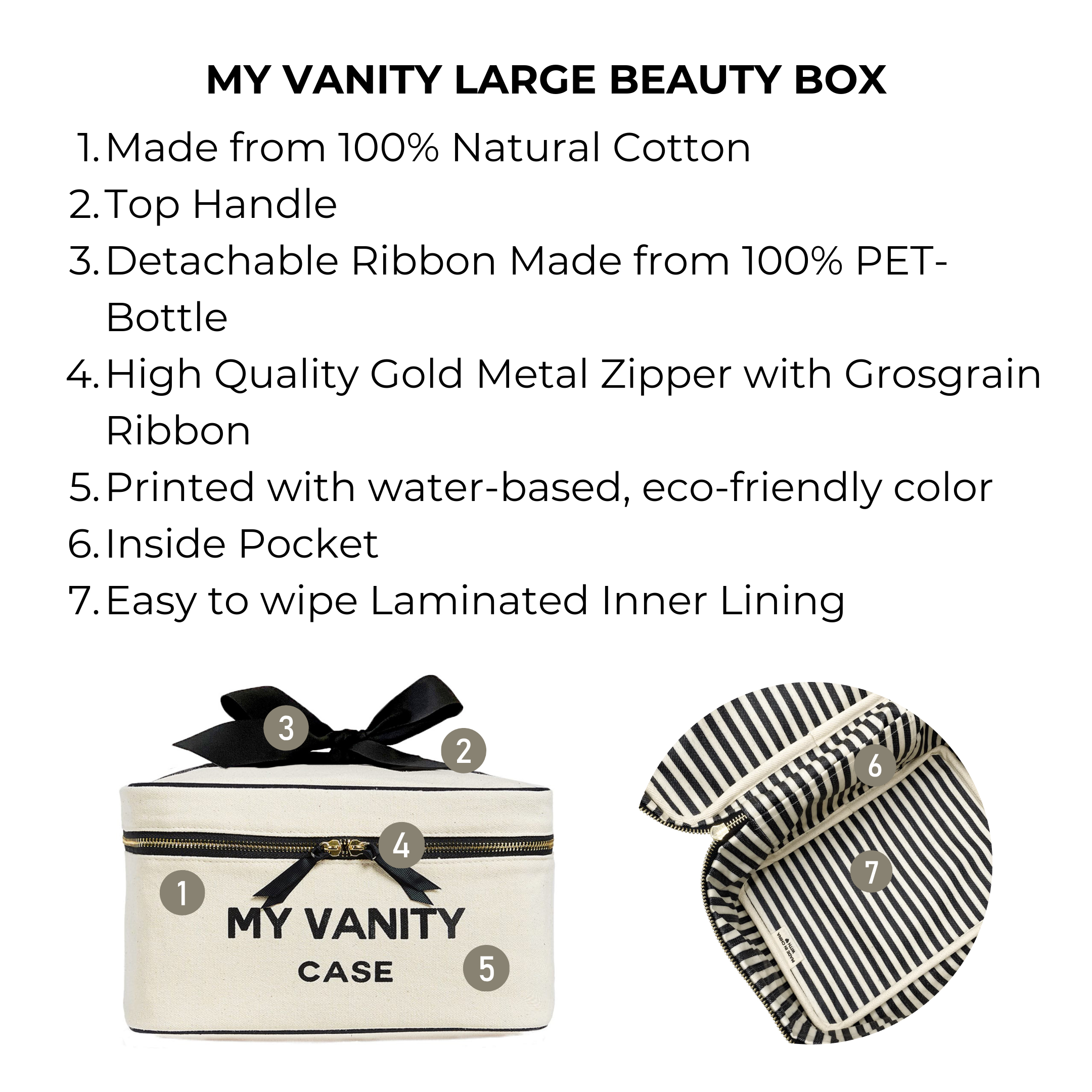 Bag-all My Vanity Large Beauty Box in cream with natural cotton exterior, waterproof striped lining, gold zipper, and detachable black bow. Spacious organizer for cosmetics and toiletries.