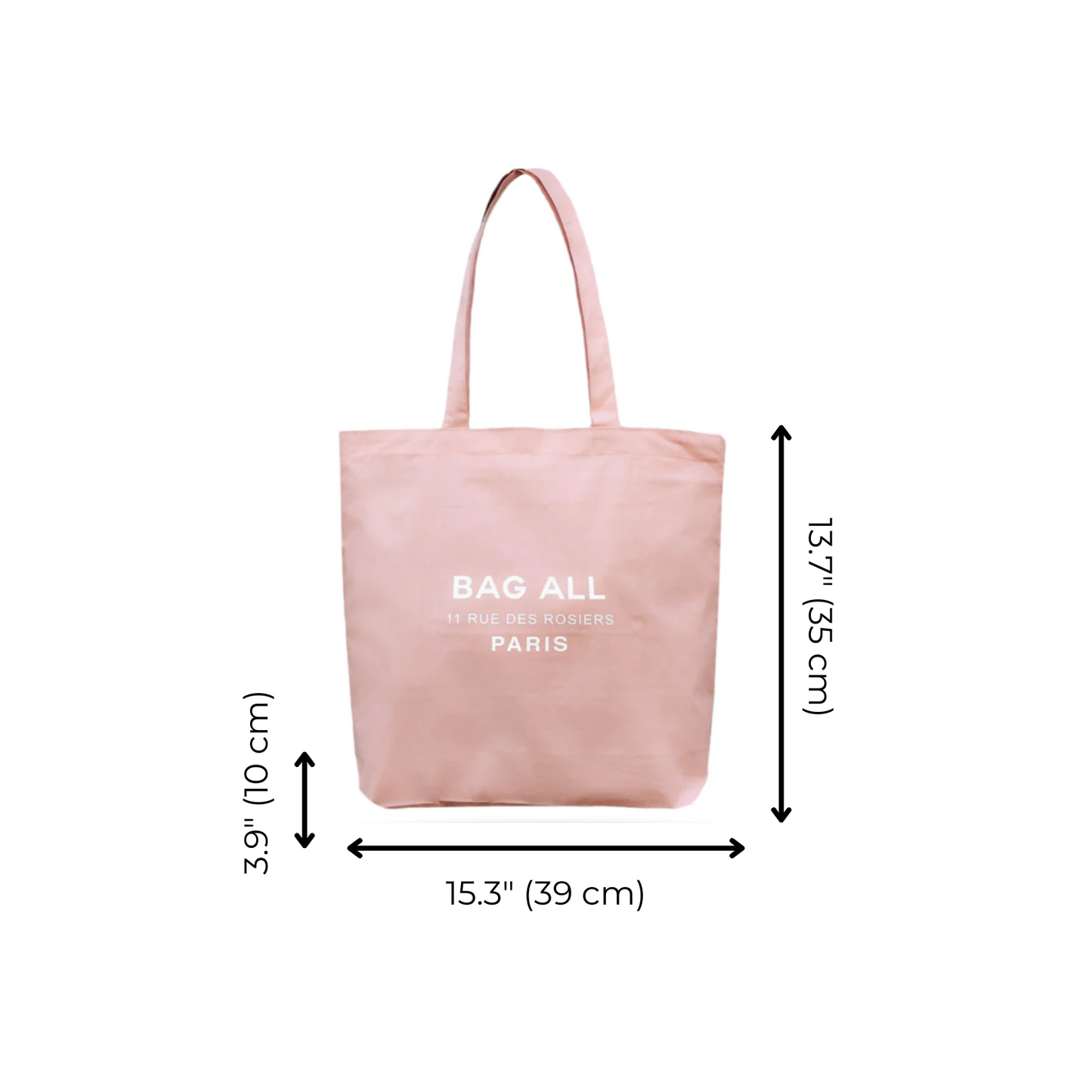 Bag-all Paris Le Marais Tote in dusty pink cotton with secure zipper closure and interior pocket, featuring white logo print - perfect everyday carry size 15.3x13.7 inches