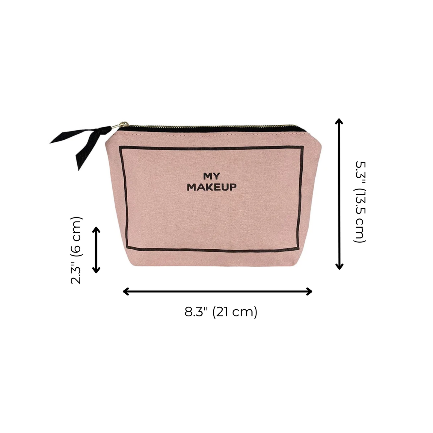 Bag-all My Makeup Pouch in blush pink with coated black lining, gold zipper, and black text. Measures 8.3x5.3x2.3 inches. Perfect for organizing beauty essentials.