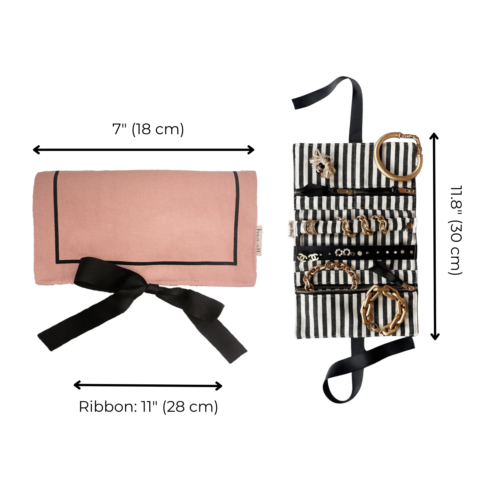 Bag-all Couture Jewelry Roll in pink blush with striped lining, featuring multiple compartments for jewelry storage, black ribbon tie closure, and roll-up design. Dimensions: 7 x 18 inches.