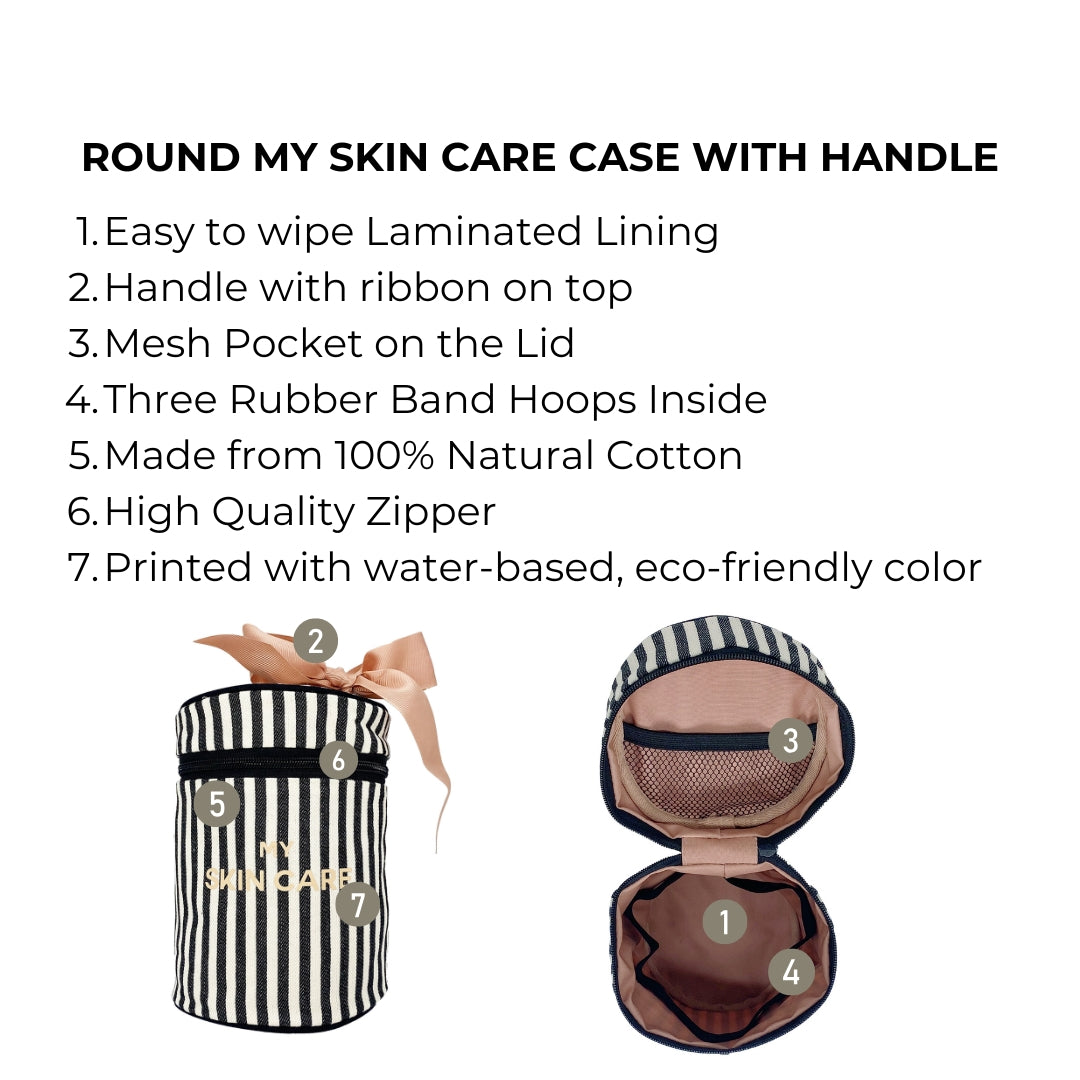 Bag-all Round Skin Care Case with Handle in black and white stripes, featuring laminated lining, mesh pocket, ribbon bow, and three elastic bands for secure product storage