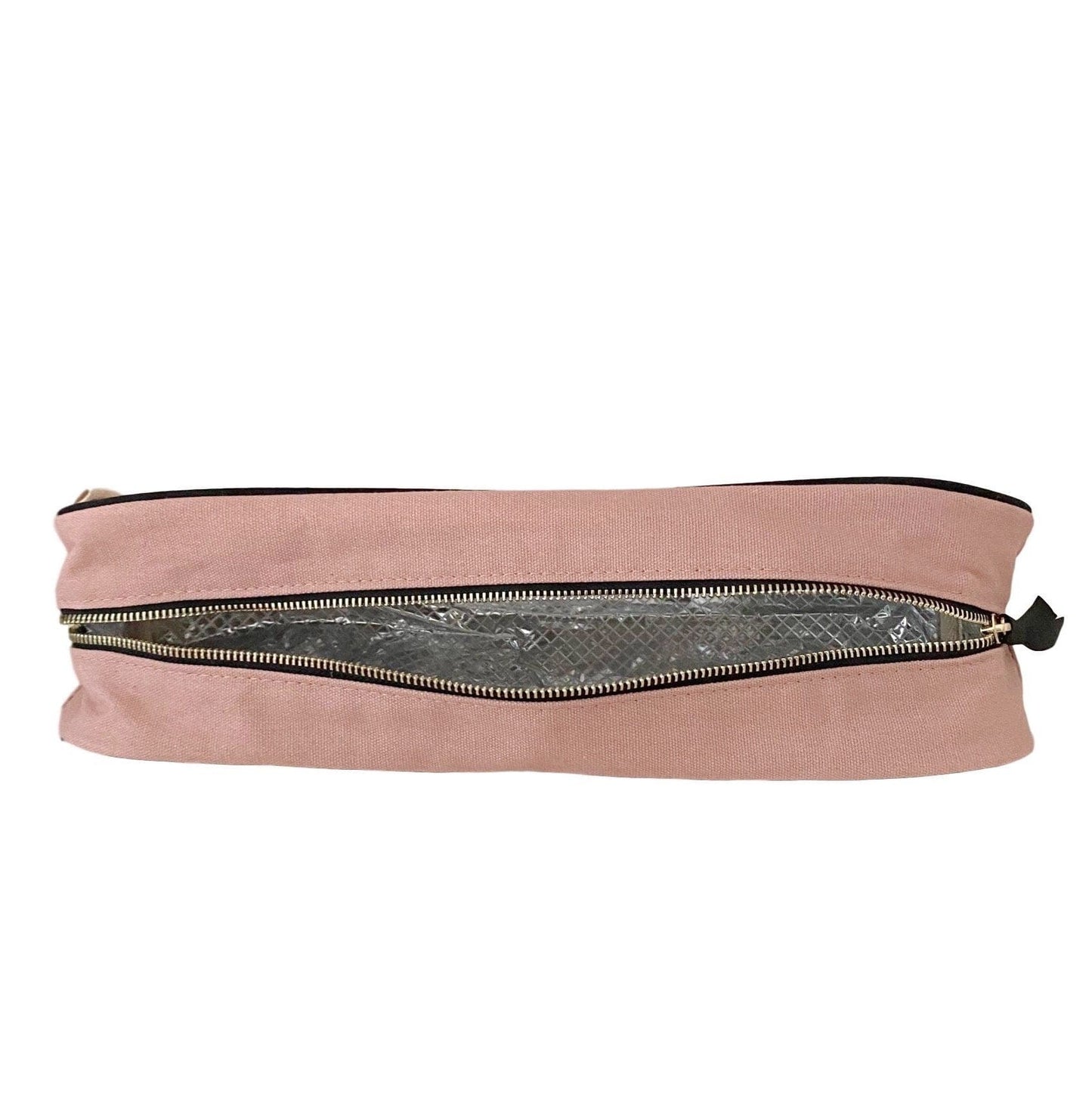 Bag-all blush pink cotton yoga mat bag with silver zipper and dark grey interior lining, perfect for carrying and protecting your exercise mat