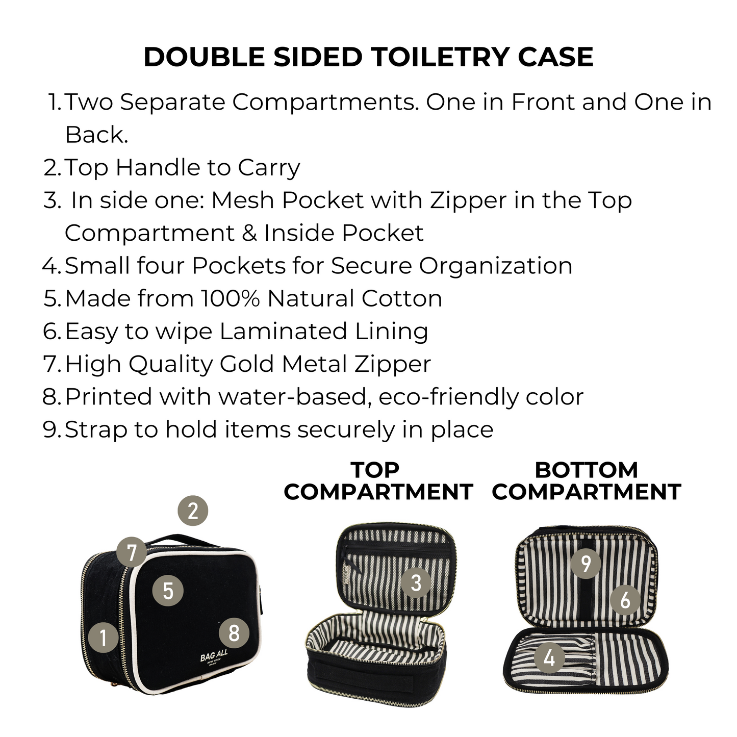 Bag-all Double Sided Toiletry Case in Black featuring dual compartments, waterproof lining, gold metal zippers, and cotton construction for organized travel essentials and bathroom storage