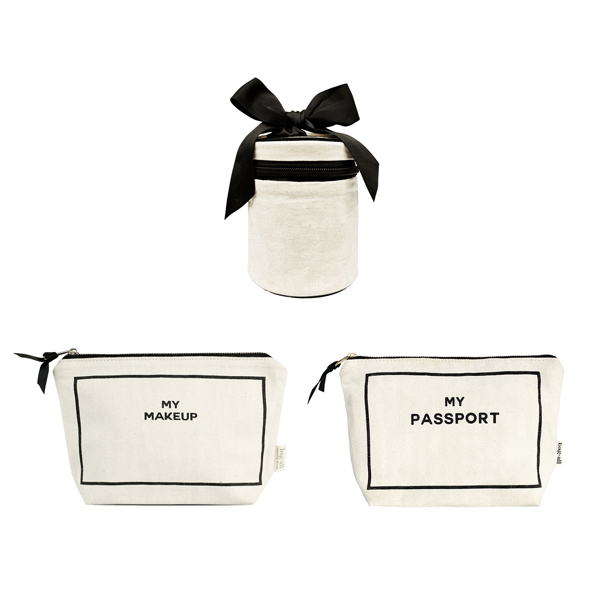 Bag-all Carry On Essentials 3-pack set with cream passport, liquid, and makeup organizers perfect for travel storage