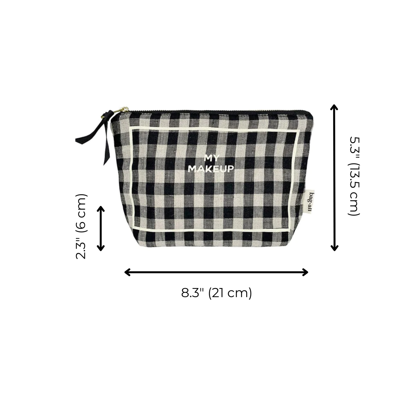 Bag-all My Makeup Pouch in black and white gingham pattern with coated lining, featuring gold zipper closure and text 'MY MAKEUP'. Size: 8.3 x 5.7 inches.