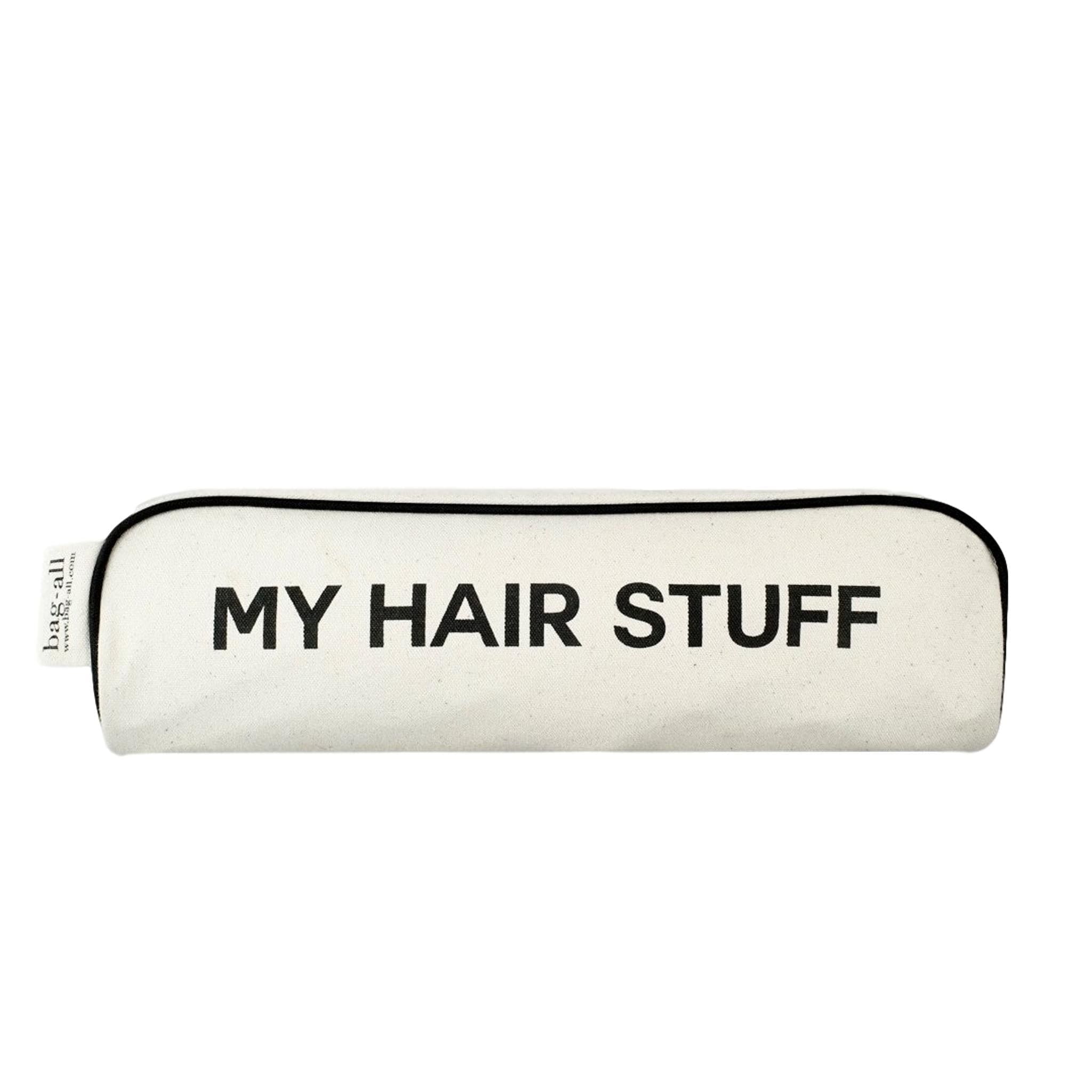Bag-all My Hair Stuff cotton organizer case, white canvas travel pouch with black trim and text, compact hair accessories storage